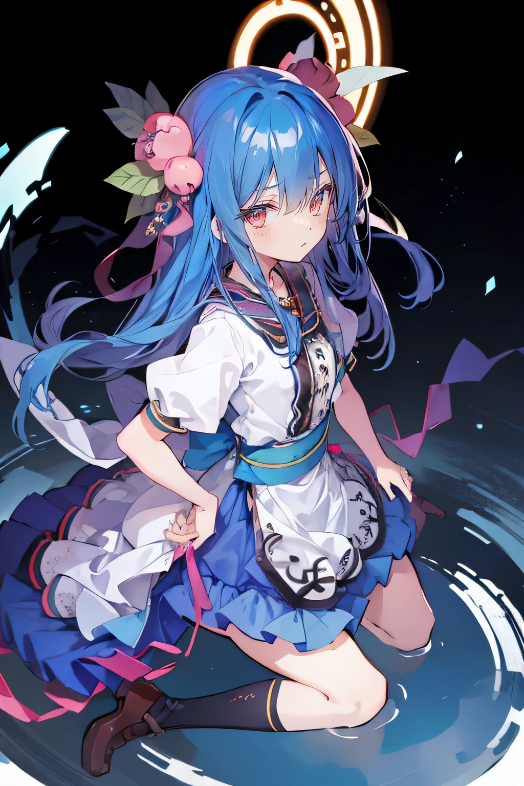 (masterpiece),best quality, expressive eyes, perfect face, 1girl,
Put your hands on your waist,fair, Gorgeous,Japanese cartoons,girl,lola,Hina Angel, blue hair, blue haired, floating clothes,Grab your waist, Grab your waist, hands on hips , hands on hips,sit, sit on ground, Legs on the ground, flat chest,starry sky,Pink eyes,