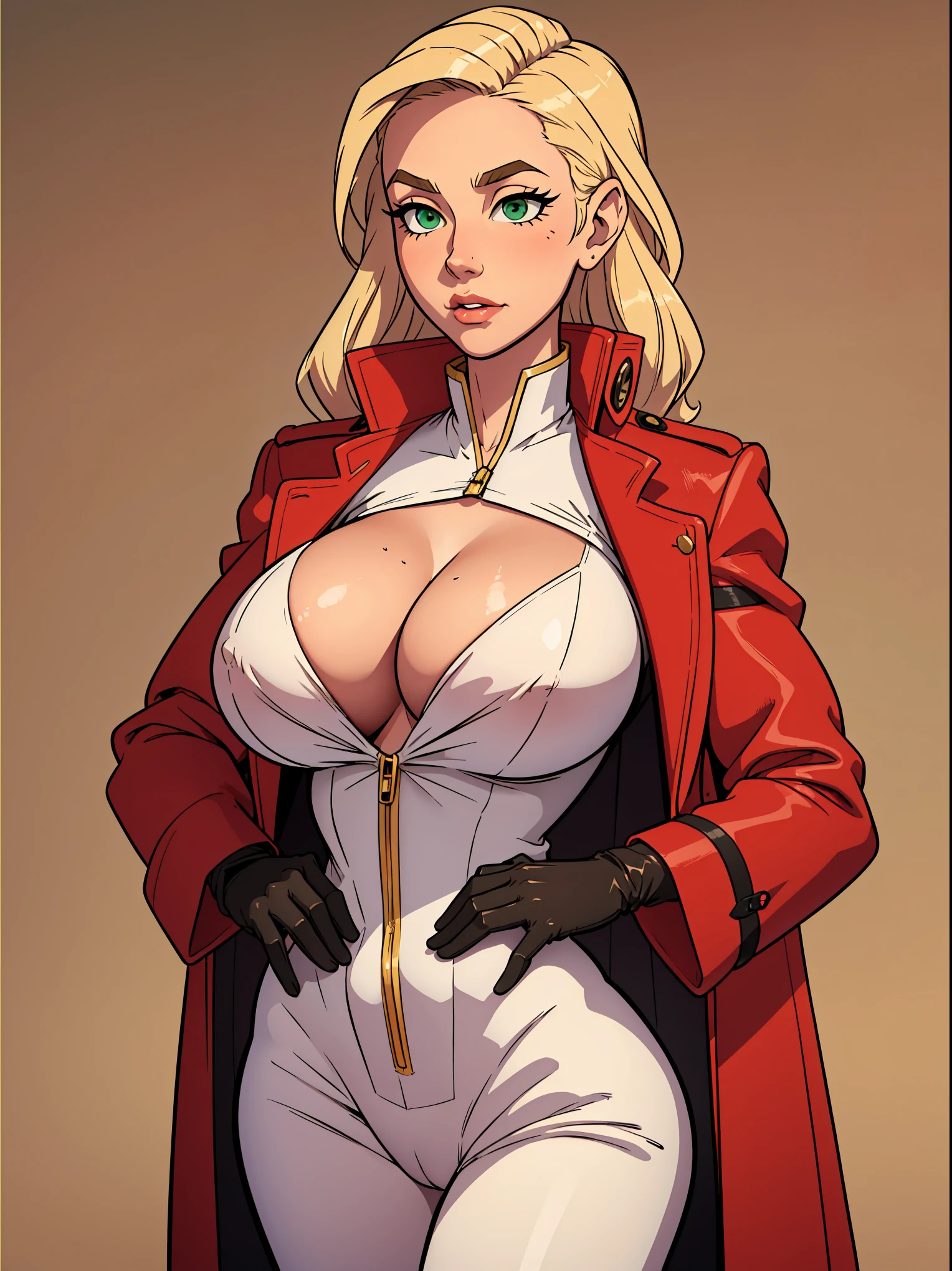 Lonely  girl, Tall stature, little chest, closed mouth, Slavic appearance: Green eyes; blond hair; sharp facial features; dimple on the chin; Straight nose; high nose; pronounced high cheekbones; high forehead, stands upright, (gigantic breasts:1.4), detailed face, military uniform:  double-breasted overcoat; pants, Full-length painting, leather gloves