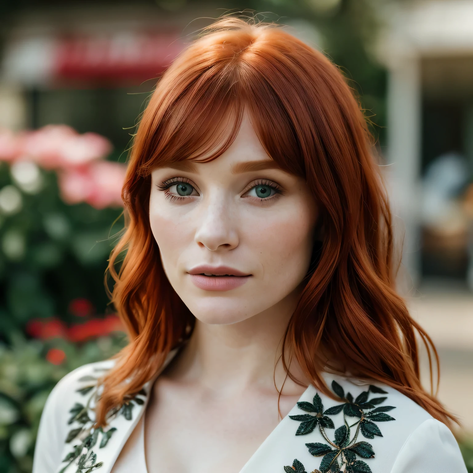 (masterpiece), (extremely intricate:1.3),(realistic), bryce dallas howard, short chanel, red hair, portrait of a woman, the most beautiful in the world, (floral dressr), outdoors, intense sunlight, flower shop, professional photograph of a stunning woman detailed, sharp focus, dramatic, award winning, cinematic lighting, octane render, unreal engine, volumetrics dtx, (film grain, bokeh, blurry foreground, blurry background), crest on chest