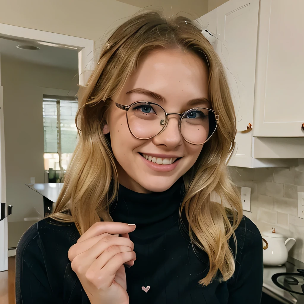 Blonde girl, 23 years old, blue eyes, freckles, American, heart shaped face, laughing, wedding ring, kitchen, turtleneck, thin eyeliner, thin glasses