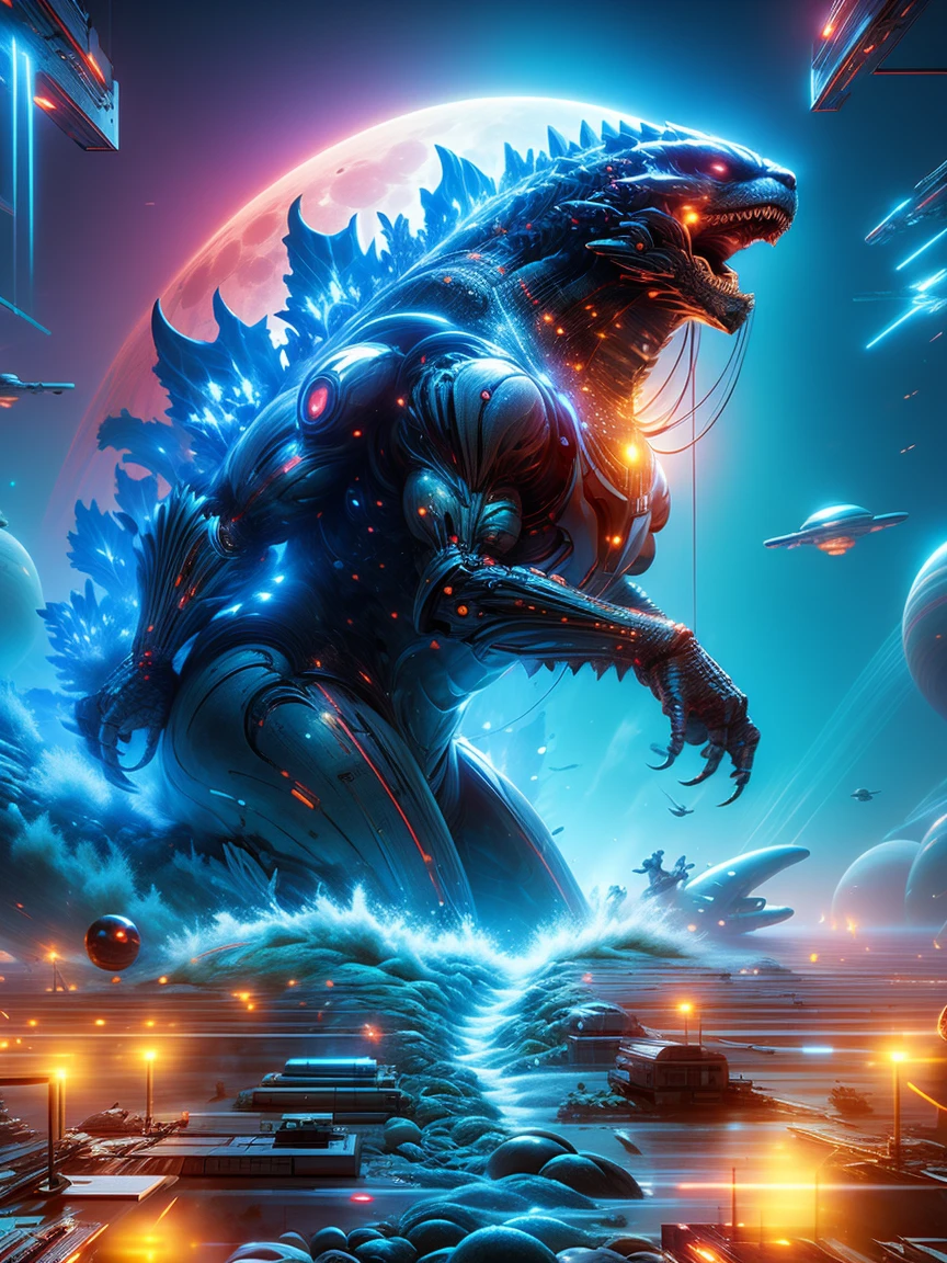 minimalist composition red moon,Godzilla , ocean,The backdrop is a futuristic city, science fiction style, blue and violet, bright, Sky background at night,There are many stars and a moon that splits in two,城市和ocean的镜面反射,Surrealism,clean background,high resolution photography,dream scene,minimalist sculpture art installation,(((Very bright colors,Super high saturation)))