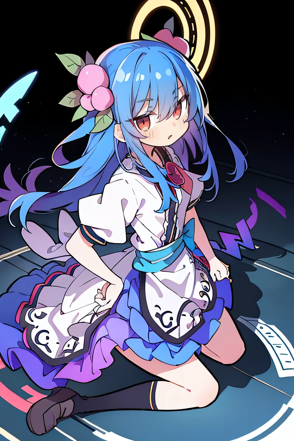 (masterpiece),best quality, expressive eyes, perfect face, 1girl,
 Put your hands on your waist,fair, Gorgeous,Japanese cartoons,girl,lola,Hina Angel, blue hair, blue haired, floating clothes,Grab your waist, Grab your waist, hands on hips , hands on hips,sit, sit on ground, Legs on the ground, flat chest,starry sky,Pink eyes,