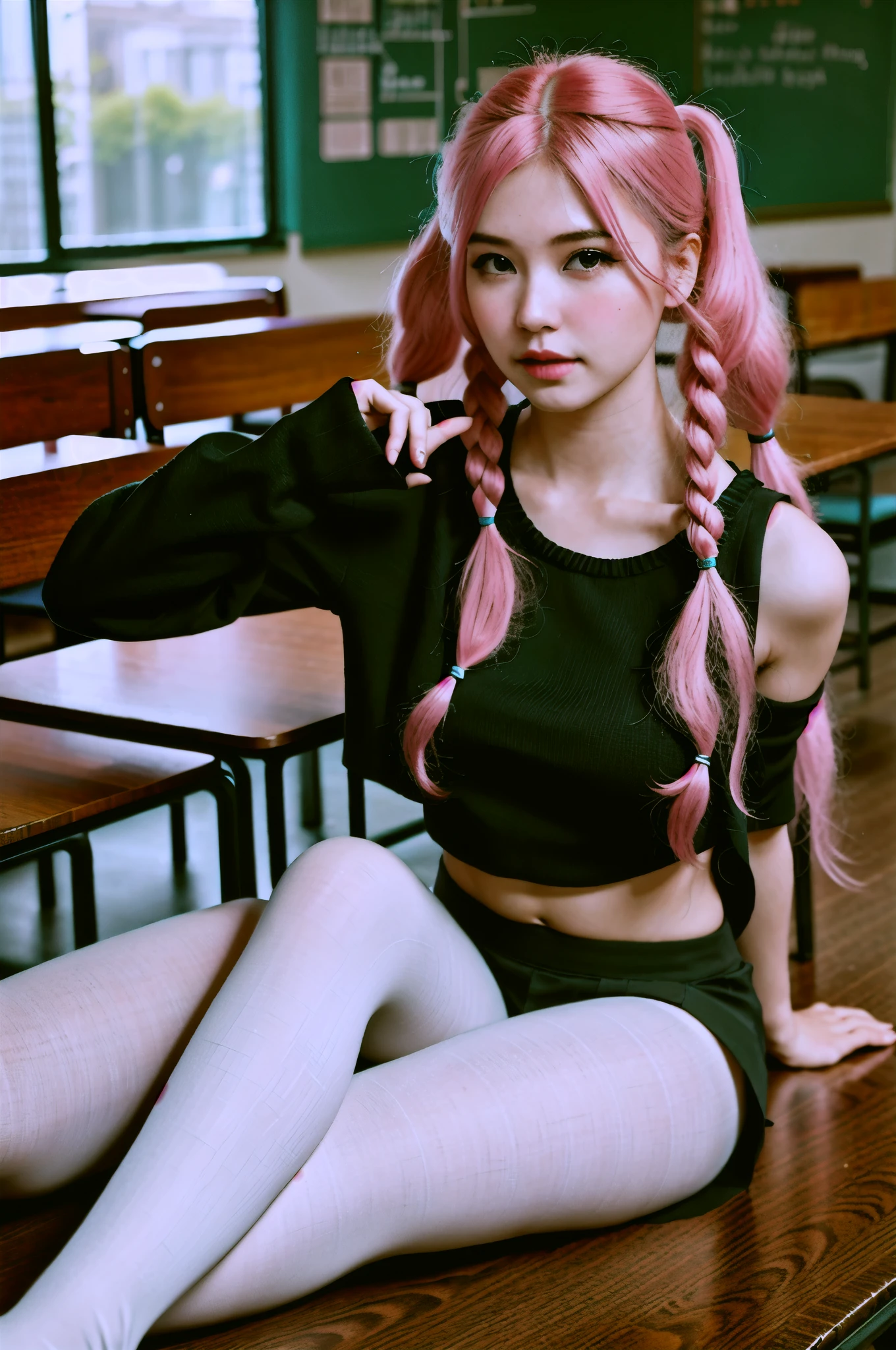 1girl, Solo, pink hair, twintail braids,crop top ,black skirt , skinny,black thick woolen pantyhose, without shoes, sitting on the table, classroom photography, RAW Photography, 8k, , Masterpiece, Full Body Shooting, show feet, Top Quality, Fine Pore, Realistic, Photorealistic, Ultra Detailed