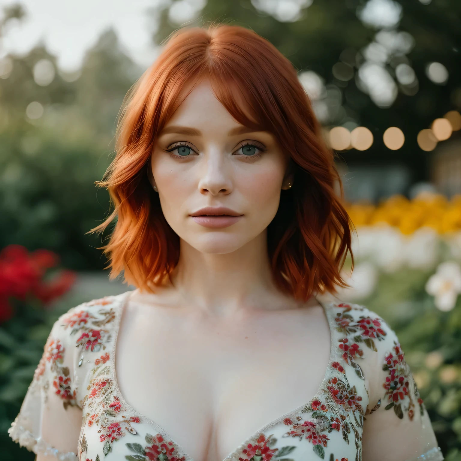 (masterpiece), (extremely intricate:1.3),(realistic), bryce dallas howard, ((short chanel), red hair, portrait of a woman, the most beautiful in the world, (floral dressr), outdoors, intense sunlight, flower shop, professional photograph of a stunning woman detailed, sharp focus, dramatic, award winning, cinematic lighting, octane render, unreal engine, volumetrics dtx, (film grain, bokeh, blurry foreground, blurry background), crest on chest
