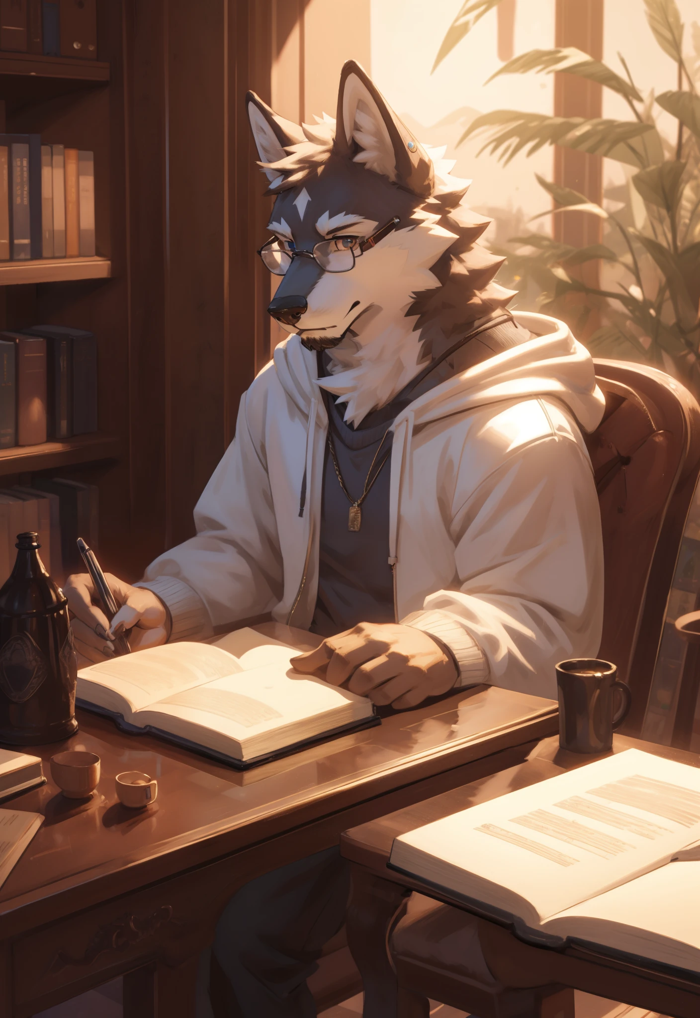 A wolf with a hoodie and glasses, study book, immersed in a book at a cozy library, hoodie sweater, SFW, anthropomorphic, extra detailed body, detailed body, Best quality, masterpiece, ultra high res,detailed background,realistic, real shadow and light,depth of field, (view from beside), details skin, white wolf, white fur.