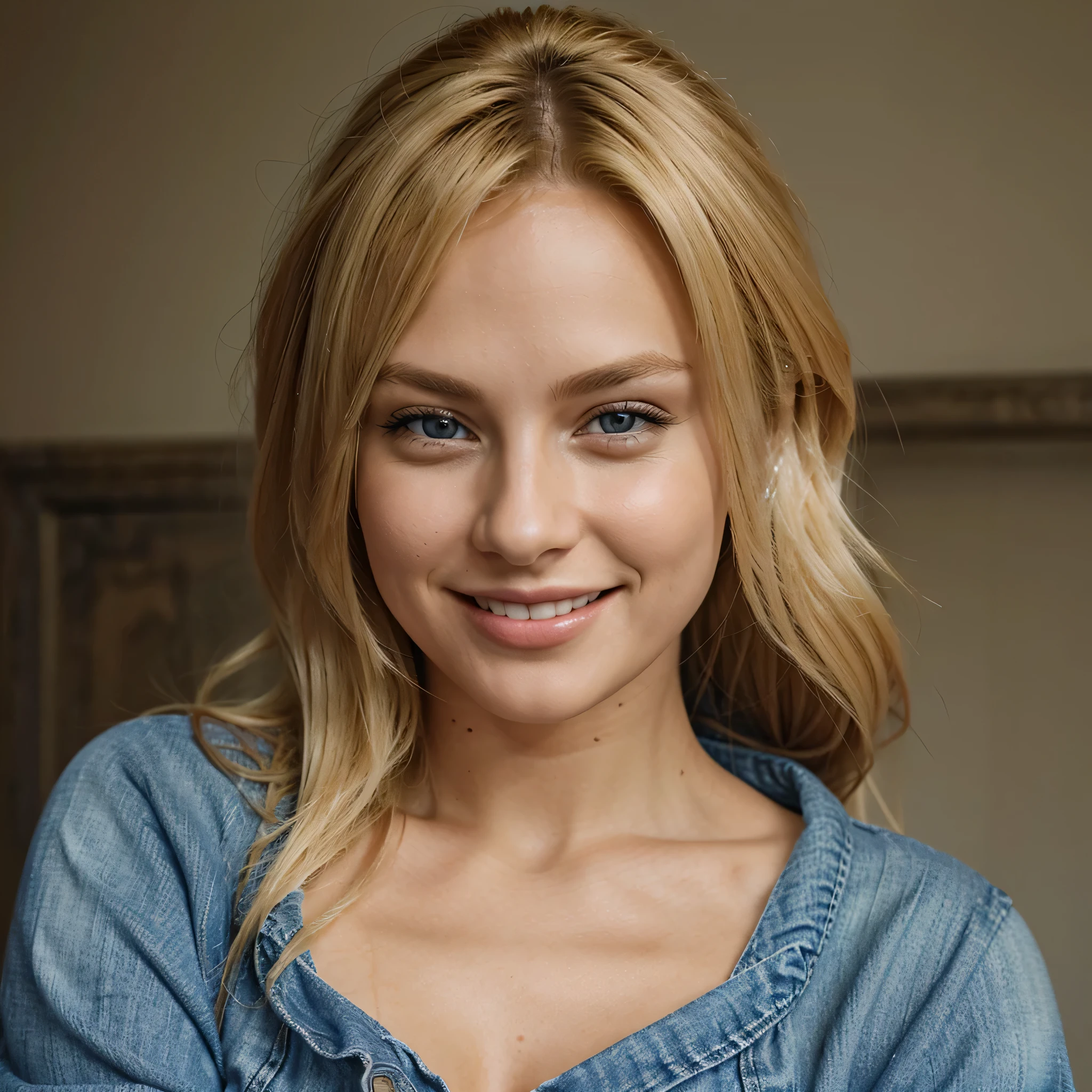 sexy looking women with blonde hair, wearing denim dress, looking straight at the camera smiling, very realistic, best quality.