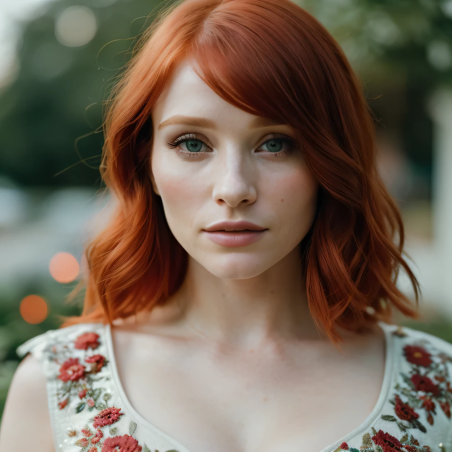 (masterpiece), (extremely intricate:1.3),(realistic), bryce dallas howard, ((short chanel), red hair, portrait of a woman, the most beautiful in the world, (floral dressr), outdoors, intense sunlight, flower shop, professional photograph of a stunning woman detailed, sharp focus, dramatic, award winning, cinematic lighting, octane render, unreal engine, volumetrics dtx, (film grain, bokeh, blurry foreground, blurry background), crest on chest