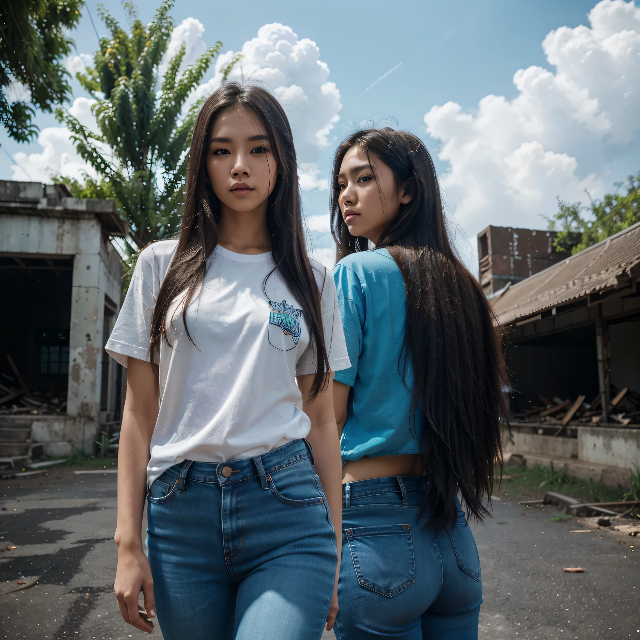 Thai Woman, look at viewer, long hair, shirt, jeans, cloud, day, sky,outdoors, post-apocalypse, ruins, scenery, tree, water ,An ultra-detailed medium shot of stylish girl with beautiful eyes, vaporwave, neon lights, focal blur, long exposure