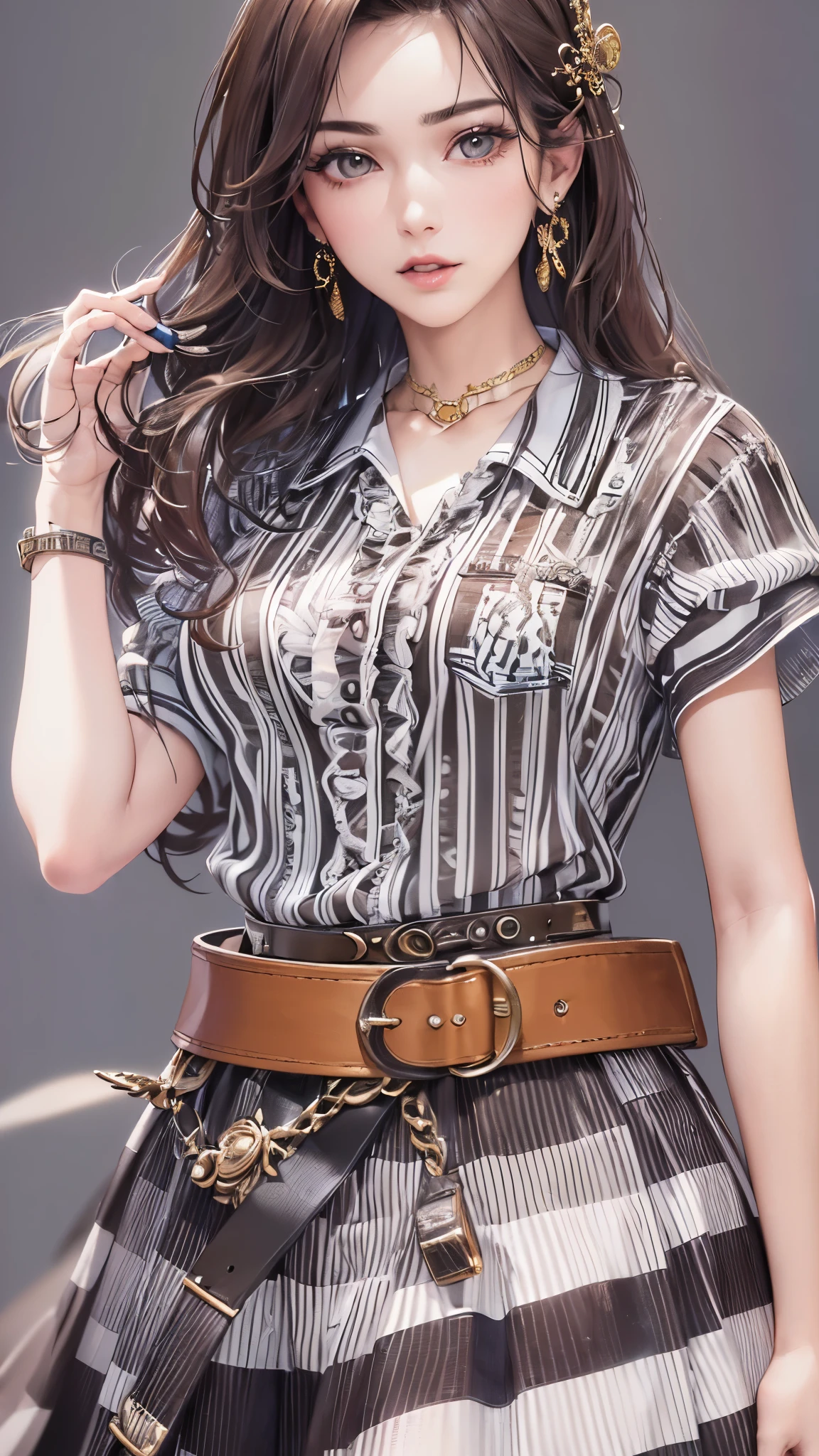 ((highest quality)),(ultra high resolution),(Super detailed),(detailed description),((best CG)),(best work of art),super precision art,amazing drawing art,(Fashion art with precise details:1.5), (adult women:1.7),(beautiful and well-shaped face:1.7),((vertical-striped shirt:1.6)),(long skirt with thick belt:1.5)