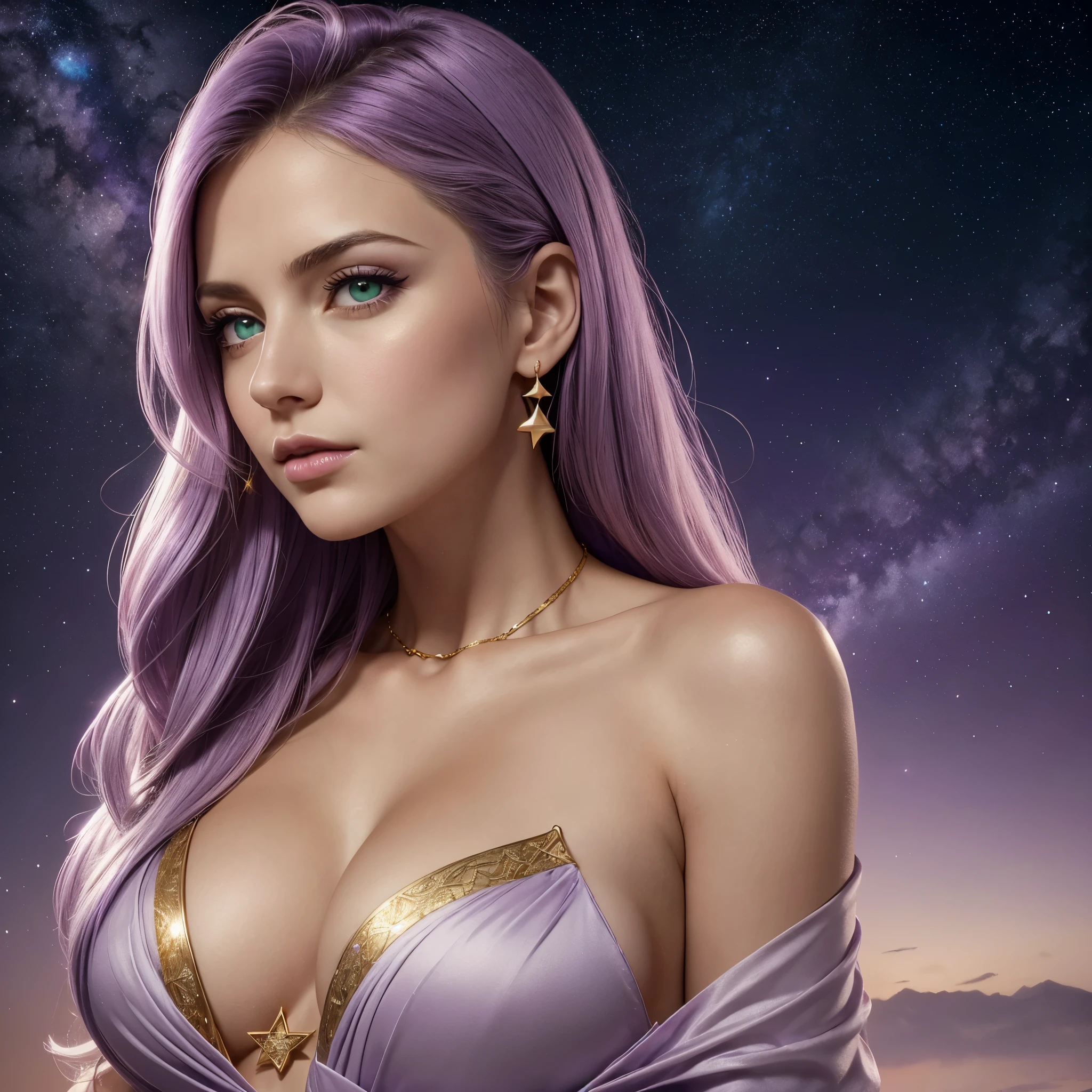 one American girl, realistic green eyes, long light purple lilac hair, large tits, large chest, cleavage, draped in white fabric with gold accessories, gold jewelry, high cheekbones, close up, zoomed in, profile picture, headshot, masterpiece, best quality, soft stars in purple sky background, forward pov, looking at viewer, plump lips, oriented to the left, empty purple sky with soft stars to the right, off center, left oriented