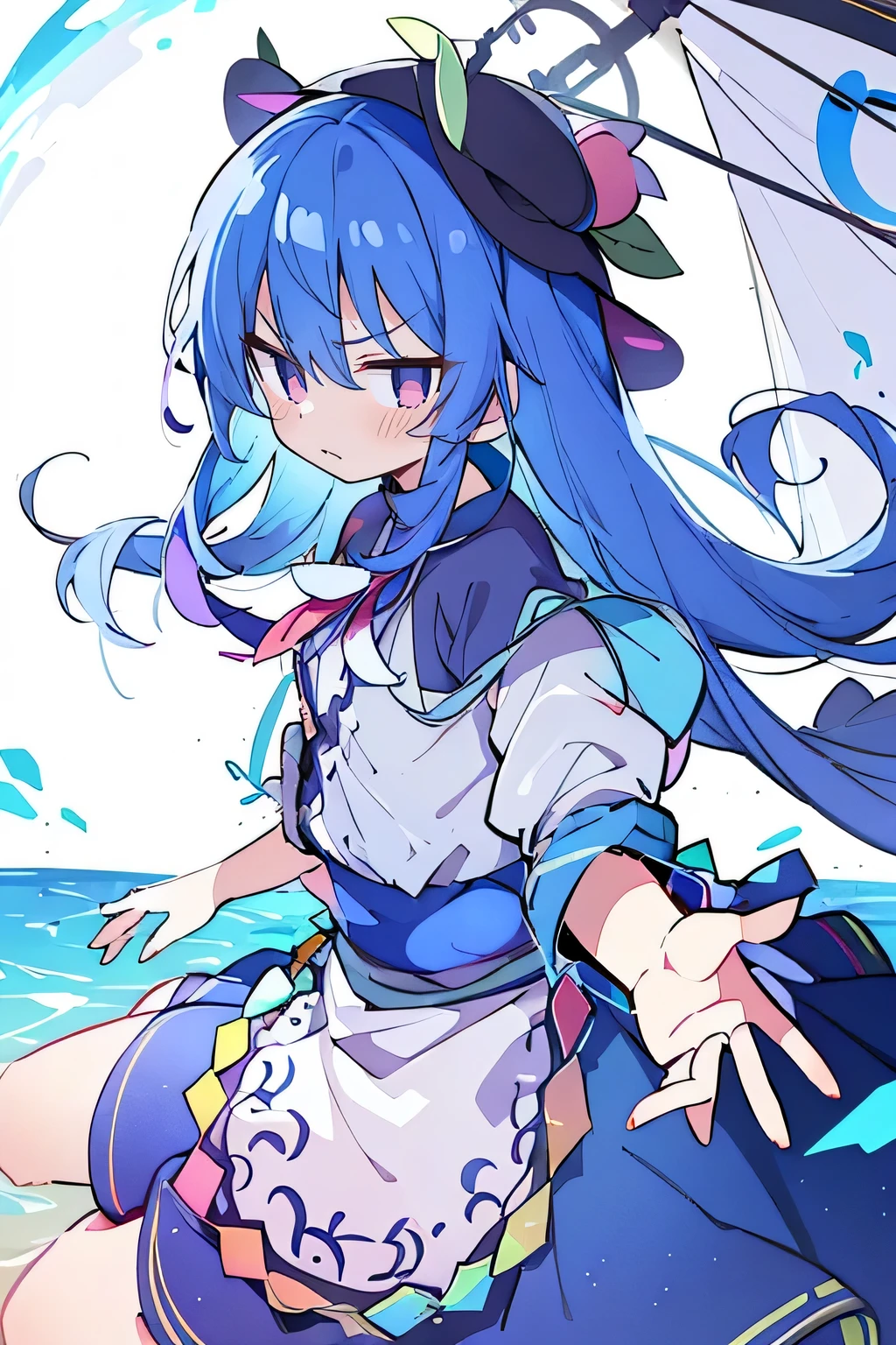 (masterpiece),best quality, expressive eyes, perfect face, 1girl,
 hands on waist,beautiful, gorgeous,anime,girl,lora,hinanawi tenshi, blue hair, blue haired, floating clothes,waist grab, grabbing waist, mains sur les hanches , hands on hips,flat chest,angry face,