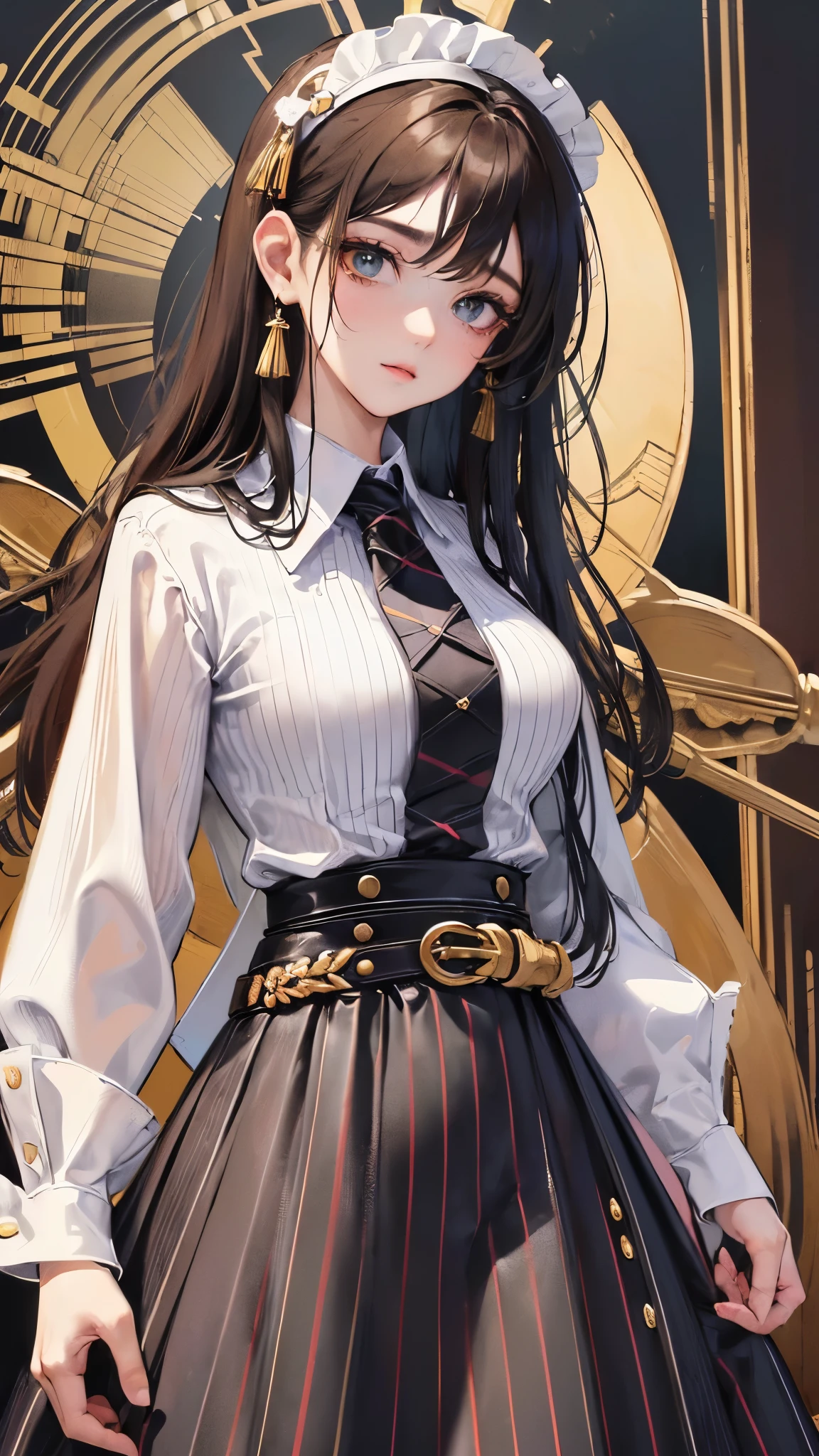 ((highest quality)),(ultra high resolution),(Super detailed),(detailed description),((best CG)),(best work of art),super precision art,amazing drawing art,(Fashion art with precise details:1.5), (adult women:1.7),(beautiful and well-shaped face:1.7),((vertical-striped shirt:1.6)),(long skirt with thick belt:1.5)