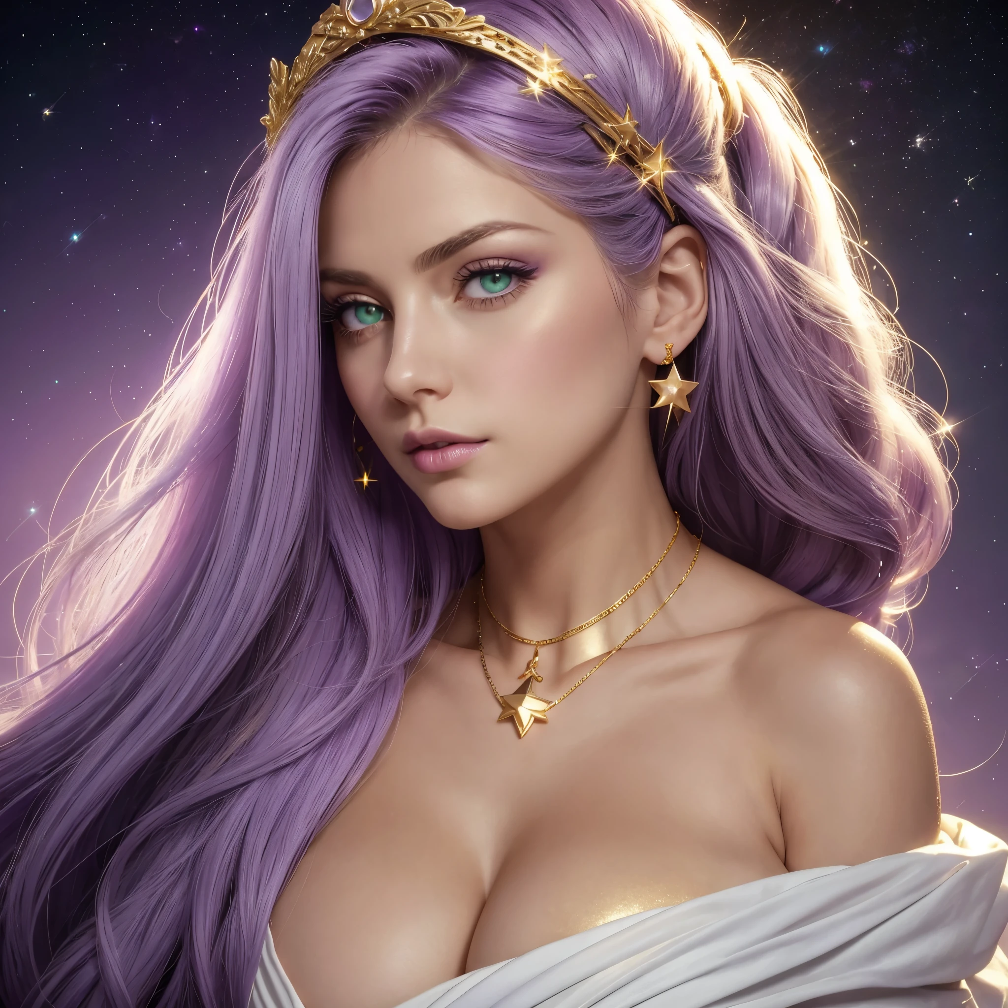 one American girl, realistic green eyes, long light purple lilac hair, large tits, large chest, cleavage, draped in white fabric with gold accessories, gold jewelry, high cheekbones, close up, zoomed in, profile picture, headshot, masterpiece, best quality, soft stars in purple sky background, forward pov, looking at viewer, plump lips