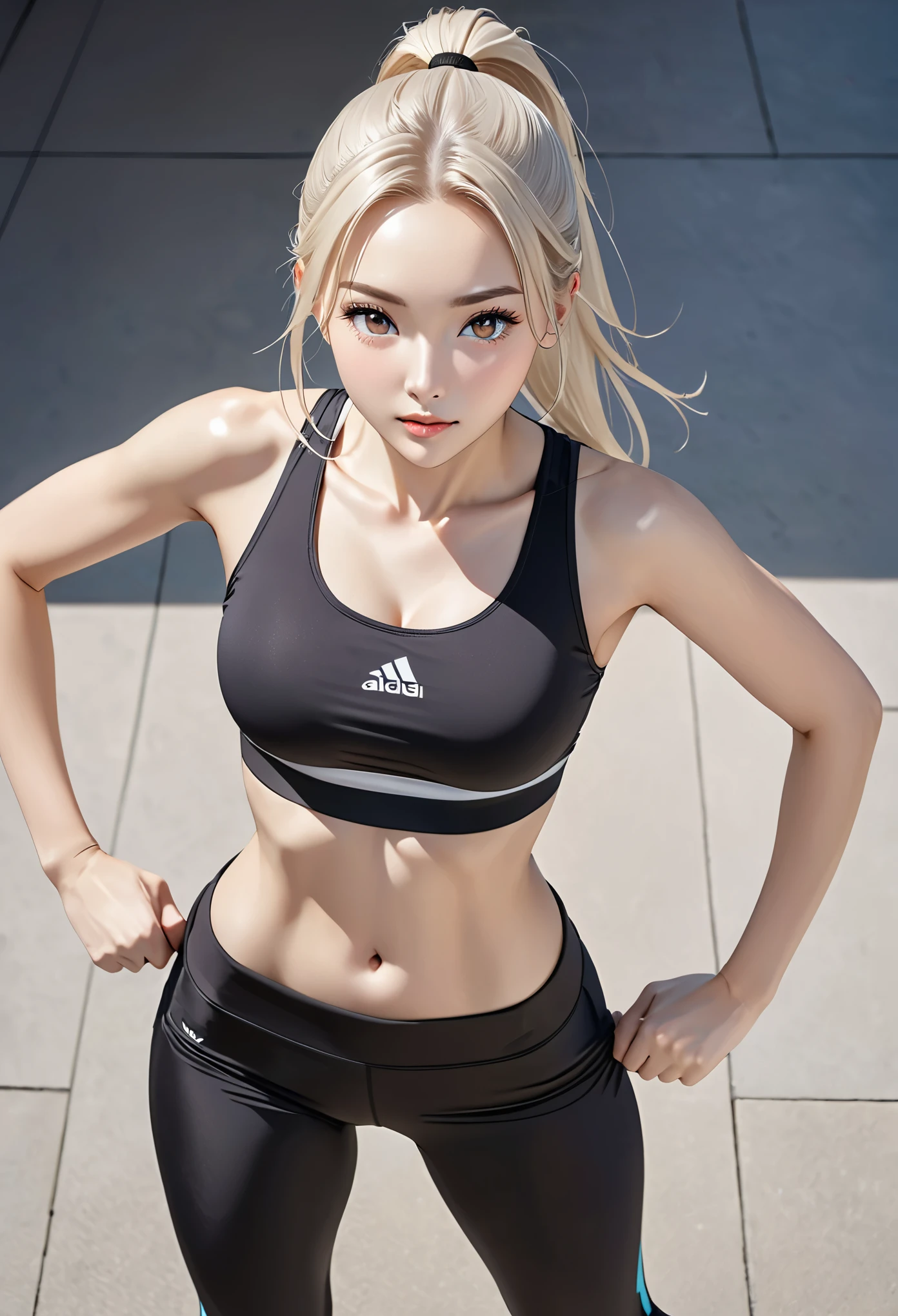 ((masterpiece:1.2, best quality)), 1Aldi, alone, (fitness clothes), platinum blonde, long hair, (top view, Front focus, look straight ahead), (forehead), jump, above waist, ponytail, big , us:1.1