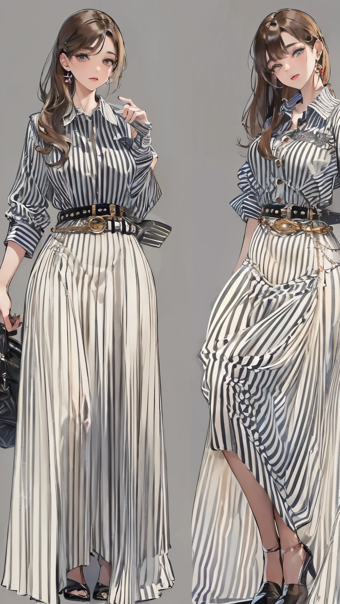 ((highest quality)),(ultra high resolution),(Super detailed),(detailed description),((best CG)),(best work of art),super precision art,amazing drawing art,(Fashion art with precise details:1.5), (adult women:1.7),(beautiful and well-shaped face:1.7),((vertical-striped shirt:1.6)),(long skirt with thick belt:1.5)