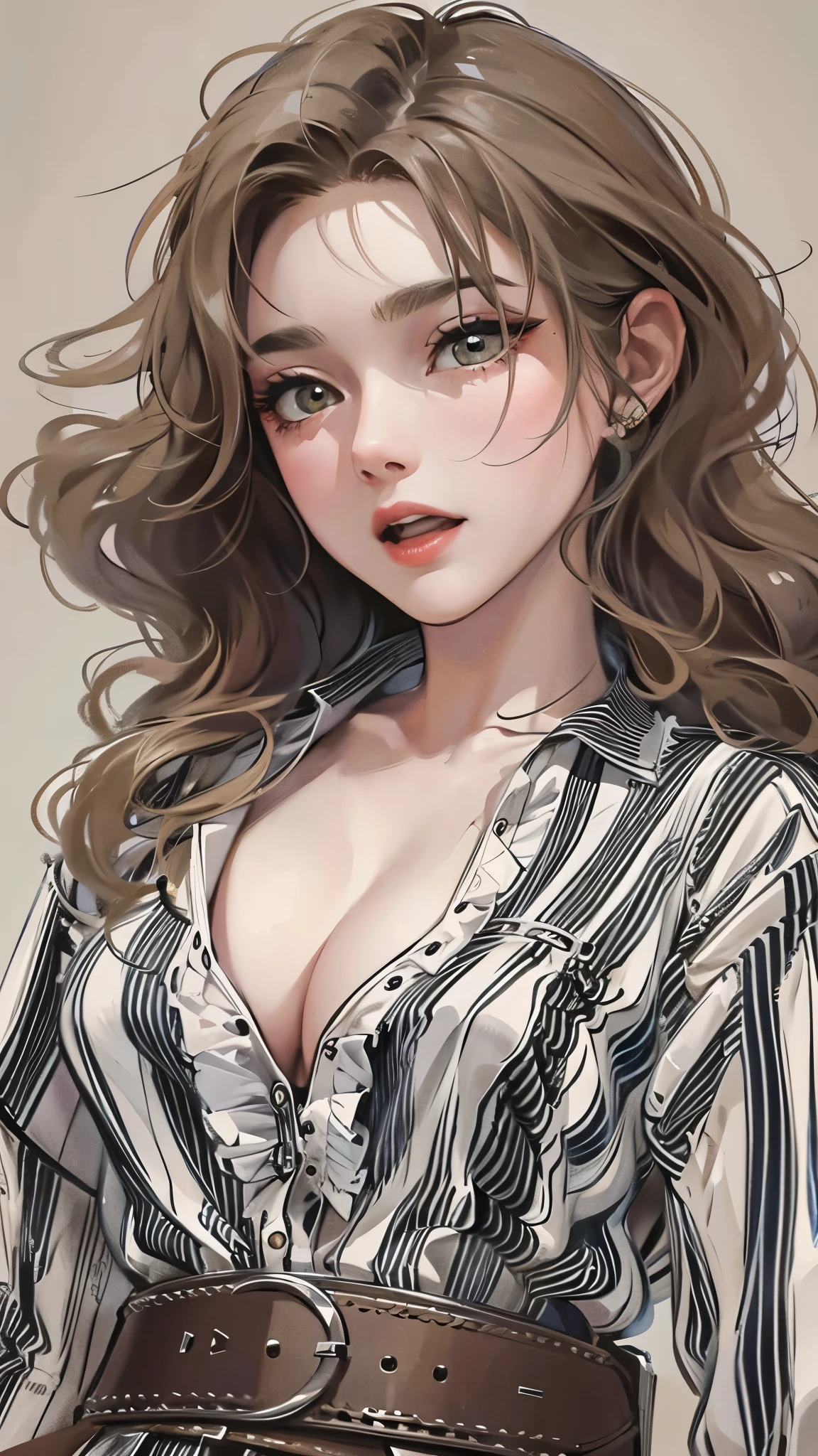 ((highest quality)),(ultra high resolution),(Super detailed),(detailed description),((best CG)),(best work of art),super precision art,amazing drawing art,(Fashion art with precise details:1.5), (adult women:1.7),(beautiful and well-shaped face:1.7),((vertical-striped shirt:1.6)),(long skirt with thick belt:1.5)