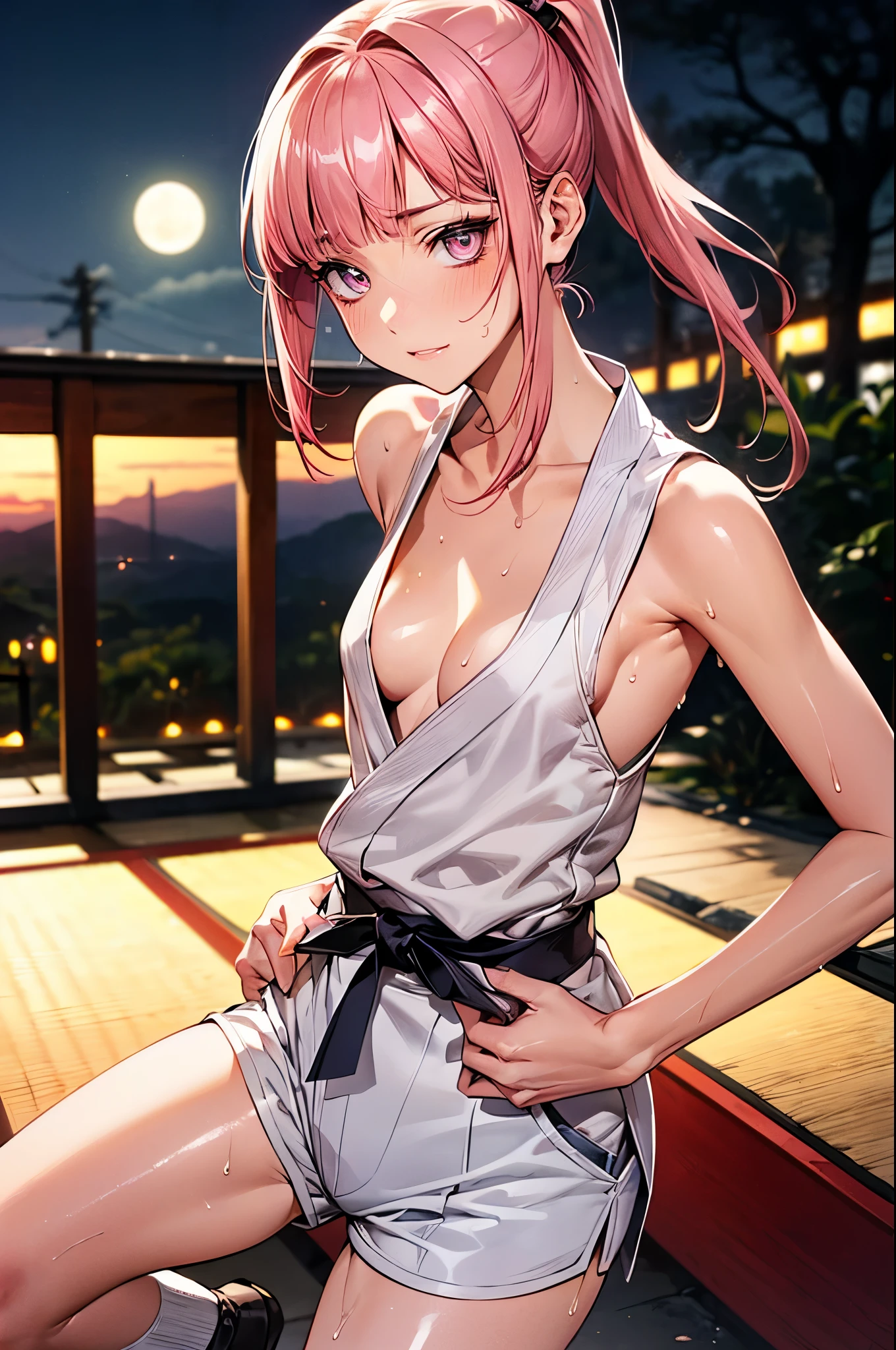 nsfw,((perfect anatomy,realistic,:1.4,RAW Photography:1.3,masterpiece、highest quality、Ultra - High resolution、High resolution、Highly detailed CG、8K)),cowboy shot,1 female,solo,((20 year old beauty,beautiful detailed face and eyes,gorgeous eyes,pink eyes)),((pink hair,ponytail,long hair,blunt bangs,straight hair)),((medium breasts,slender body,small head:1.4,skinny)),(oily skin,gleaming skin,shiny skin,sweat:1.4),((Karate's white uniform, cleavage,sleeveless、white micro shorts)),karate training in progress、Kicking a punching bag:1.7,standing on the leg,Japanese-style garden、Japanese-style house、Tokyo、moonlight、