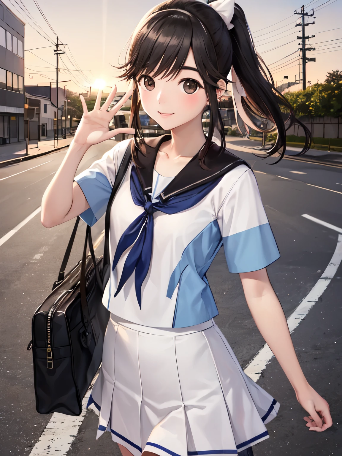 Super Detailed Game CG, (High resolution:1.1),(absurd:1.1), anime, evening、sunset、school gate、telephone pole、street tree, pretty girl, 1 girl, takane manaka, small breasts, black hair ponytail, redヘアリボン,white sailor suit, navy blue skirt, bangs, wind effect, reflection effect, smile gently、smile、beauty in return、Reddish cheeks、優しいsmile、 beautiful perfect face, droopy eyes、view audience、With a wave of handeeting、carry one black school bag、after school、sunsetの空、red