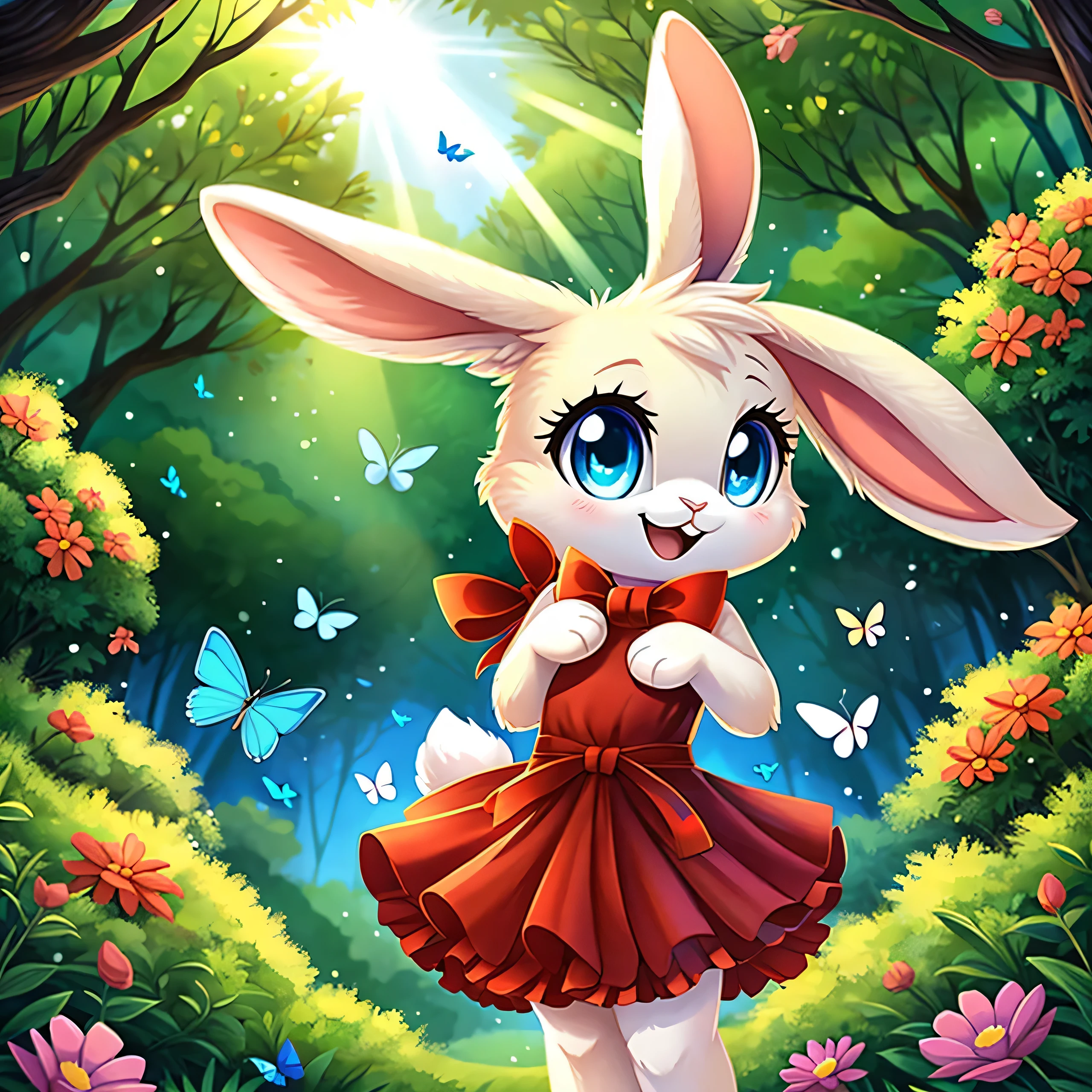 zoomed out image, ((solo character)), cute style art, fantasy style art, cute, adorable, short character, small, tiny little fluffy female white bunny with blue eyes, 4 ears, 2 extra ears, big floppy ears, long ears, ears perked up, raised ears, long eyelashes, poofy rabbit tail, wearing a red frilly ribbon dress, smiling, standing in a colorful fantasy forest, soft tones, big expressive smile, open mouth, wide eyes, excited eyes, excited face, stunning visuals, sunlight coming through the trees, flowers scattered in the bushes, butterflies in the air, digital illustration
