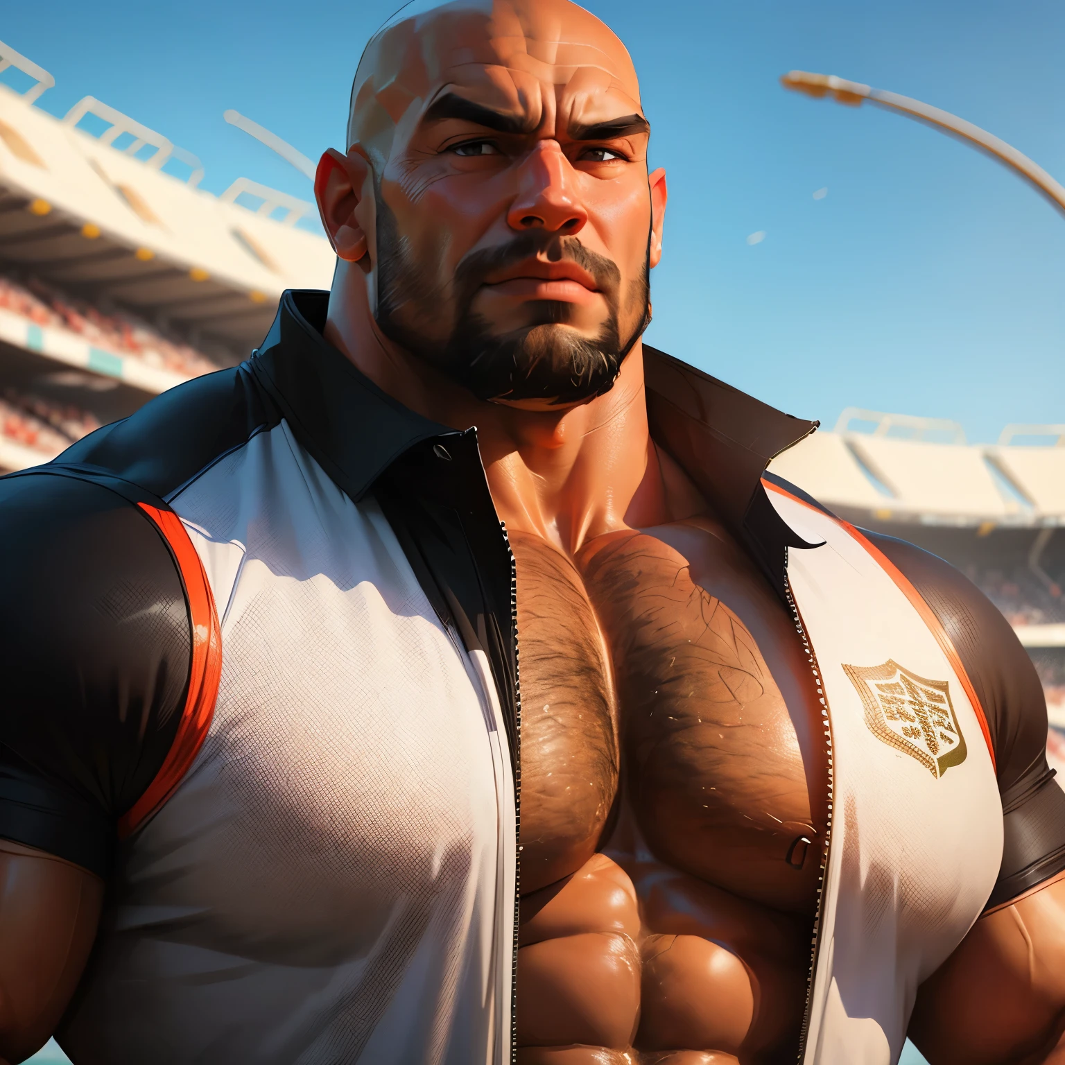 an exaggeratedly muscular and large bald bodyguard, beefy build, beard, mixed race, (wearing rugby shirt: 1.2), (bara pecs: 1.3), (arm and chest hair: 1.1), close-up portrait HD, outdoor sports stadium