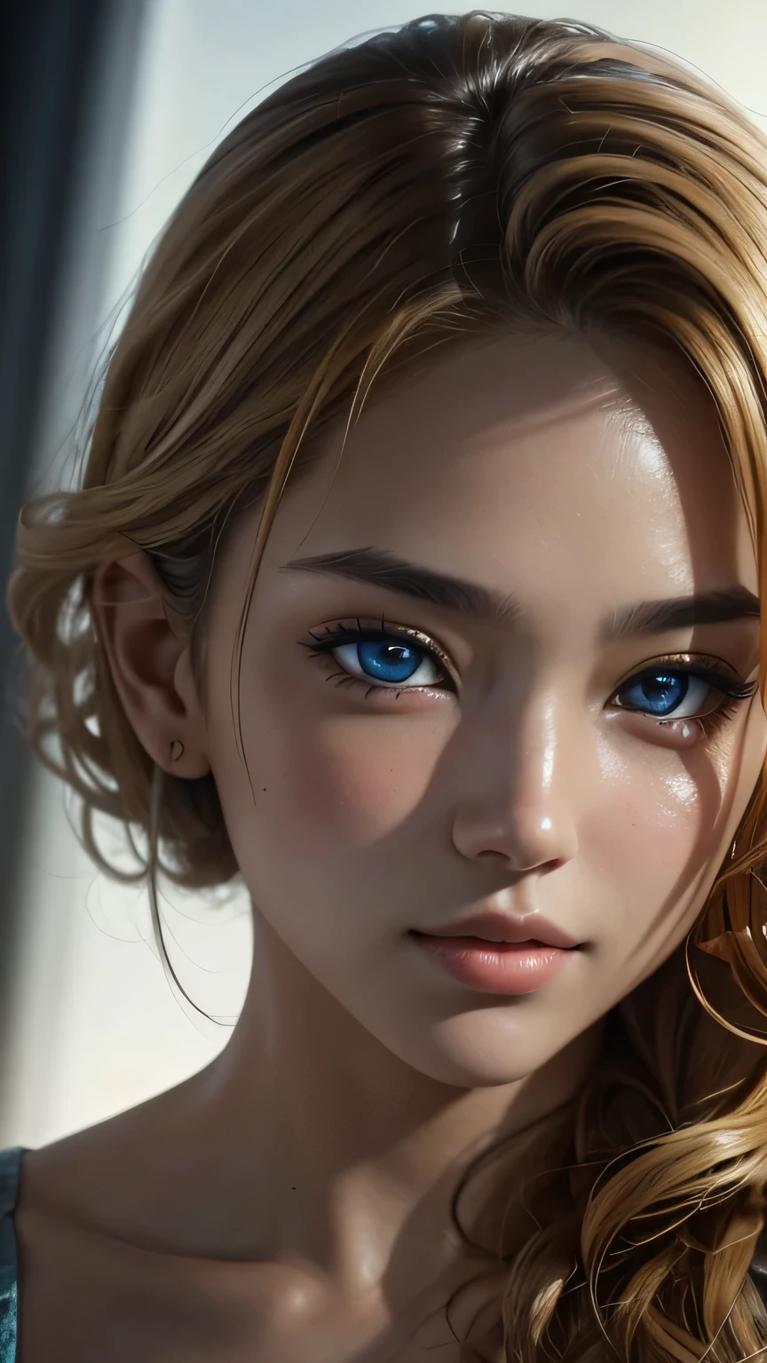 (RAW style, masterpiece, best quality, ultra-detailed) portrays a beautiful Asian girl with short, curly blonde hair and captivating blue eyes. this exquisite image boasts an ultra-realistic and ultra-detailed representation, with intricate details that capture the depth and nuance of every feature. The depth of field is expertly rendered, adding a sense of dimension and texture to the scene. Octane renders bring out the ultra-definition in the (skin texture, film grain), imbuing the image with a cinematic feel that is further enhanced by the cinematic light, which bathes the girl's face in sidelighting. The ultra high