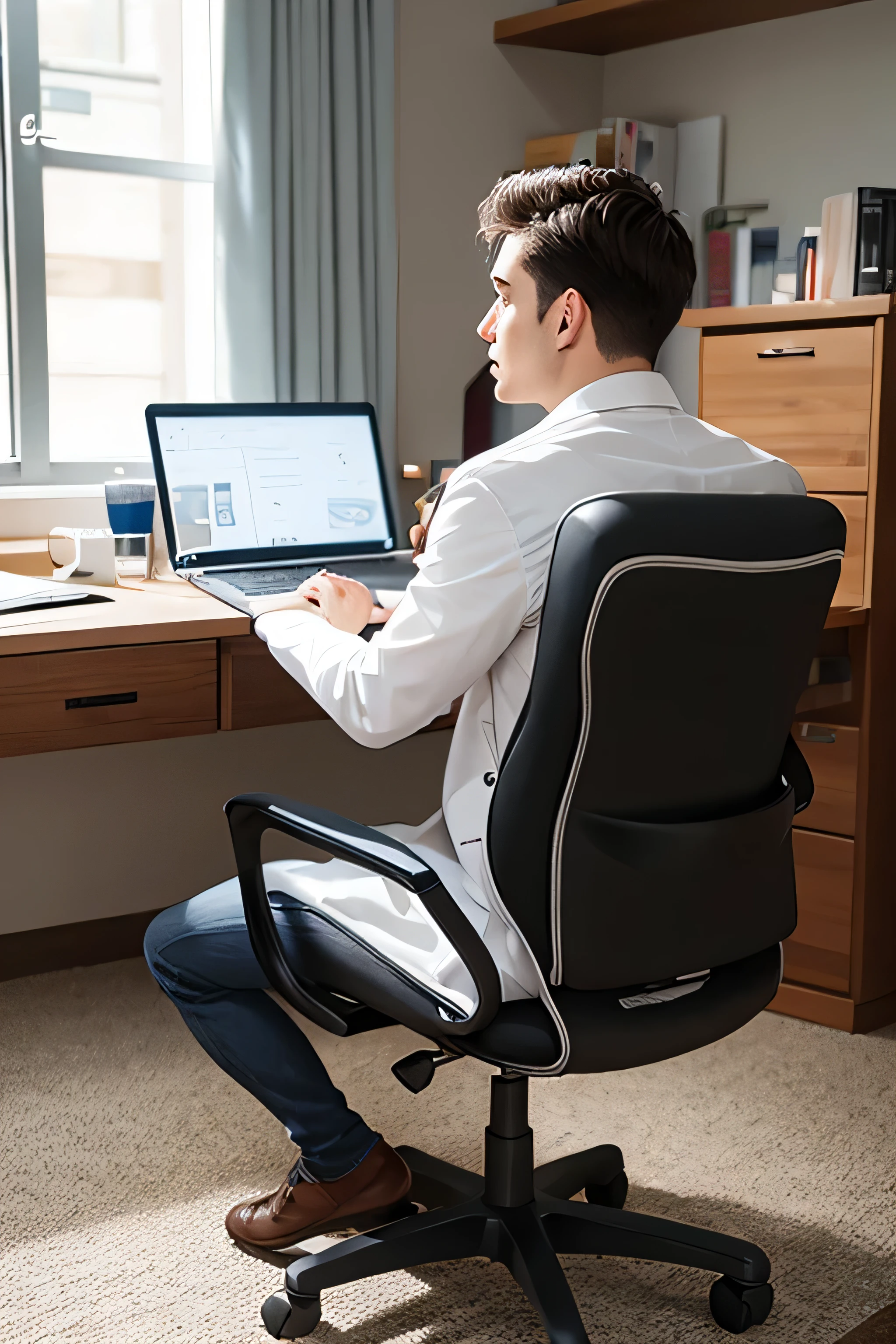 A doctor，sitting，using computer，Back to，panoramic
