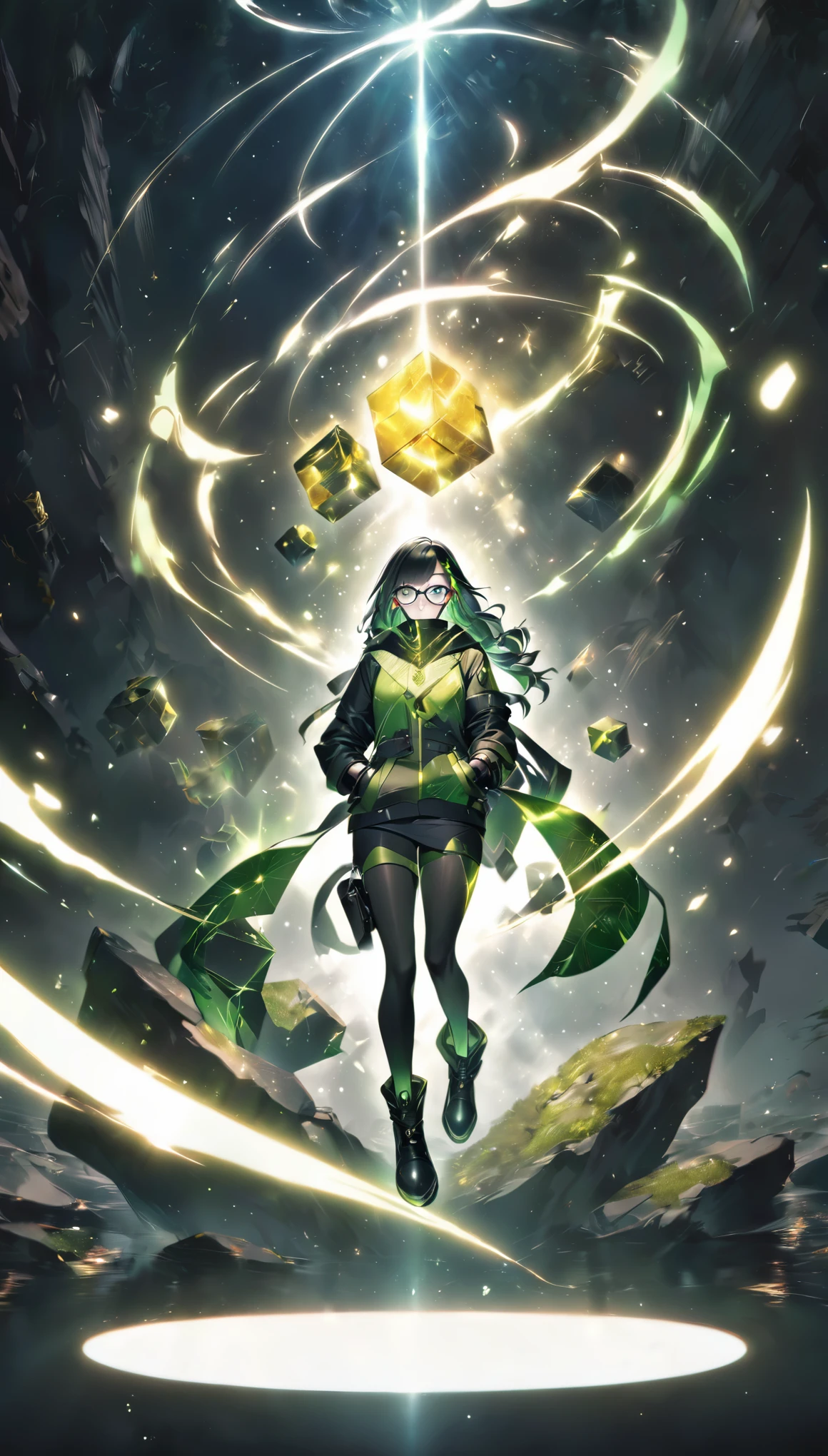 an anime style drawing of a girl in a black and green outfit, 1girl, cube, solo, black hair, hood, gloves, hand in pocket, black gloves, white background, black footwear, floating, glasses,gldnorderxl, radagon of the golden order, glowing effects