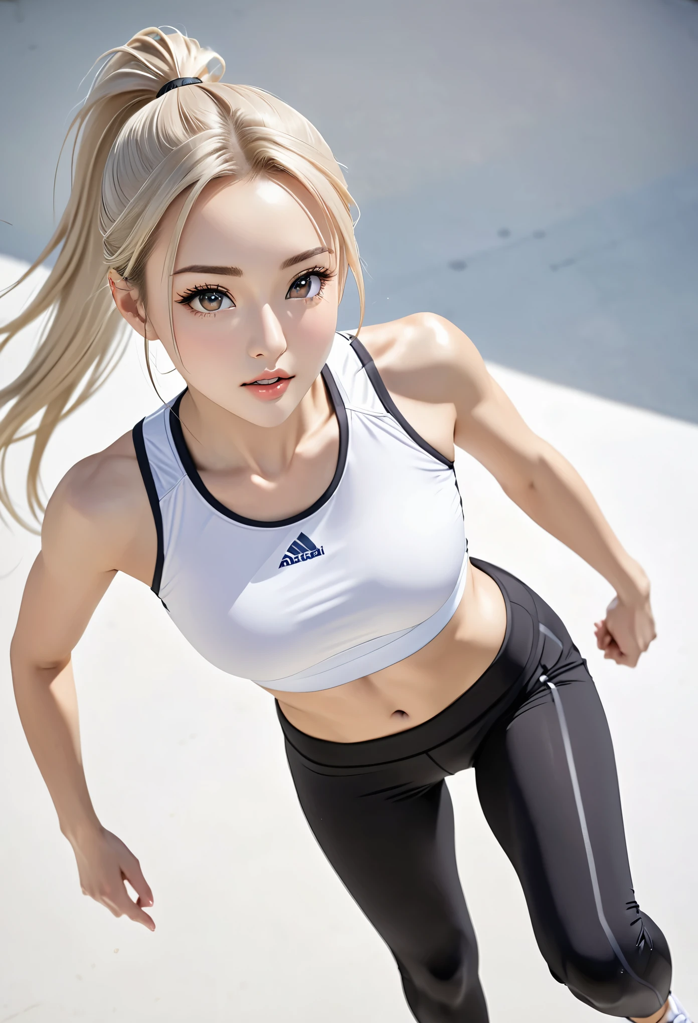 ((masterpiece:1.2, best quality)), 1Aldi, alone, (fitness clothes), platinum blonde, long hair, (top view, Front focus, look straight ahead), (forehead), jump, above waist, ponytail, big , us:1.1