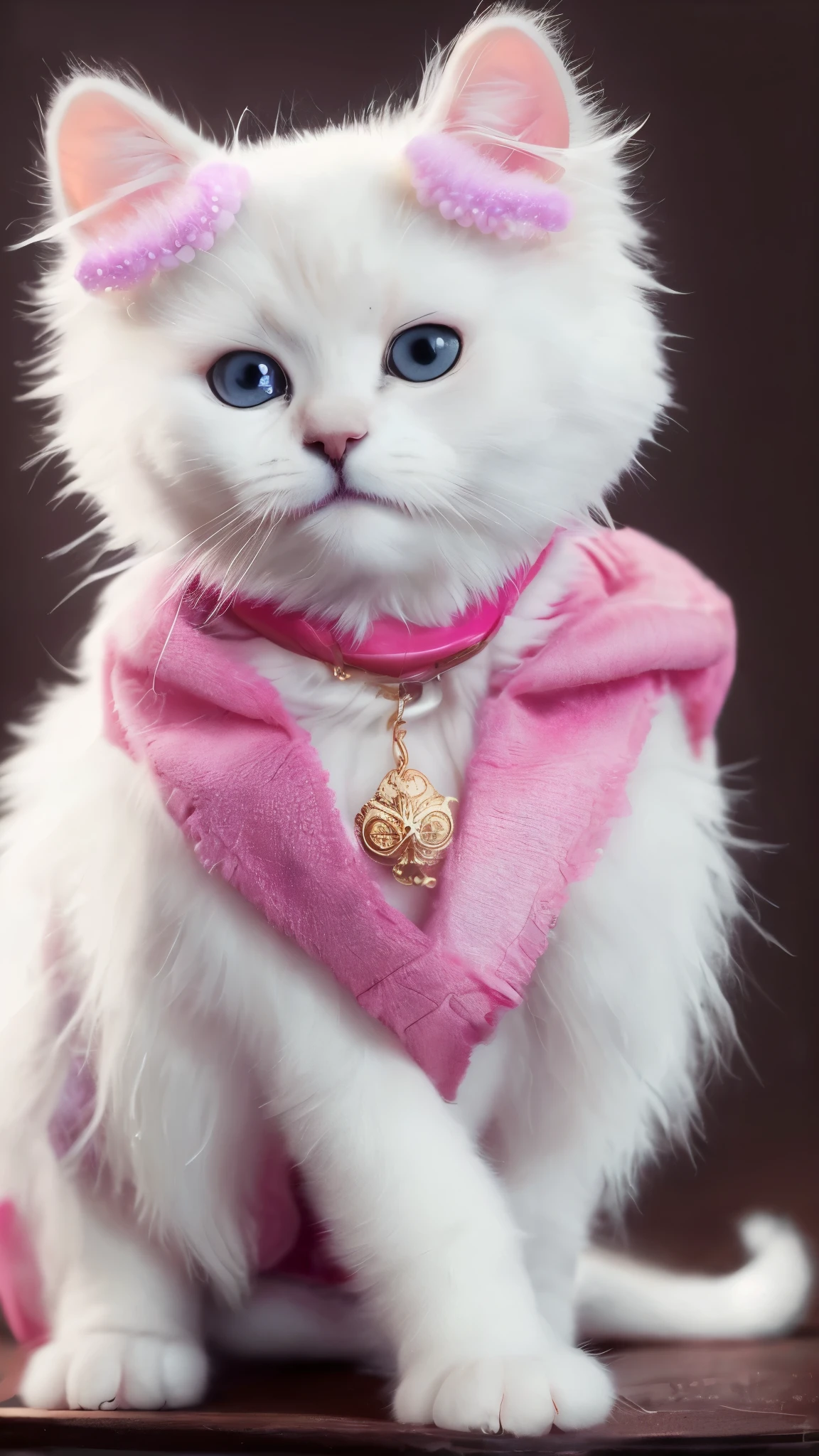 Fluffy cute white kitten dressed in pink outfits accessorized like a barbie cat. 8K masterpiece RAW