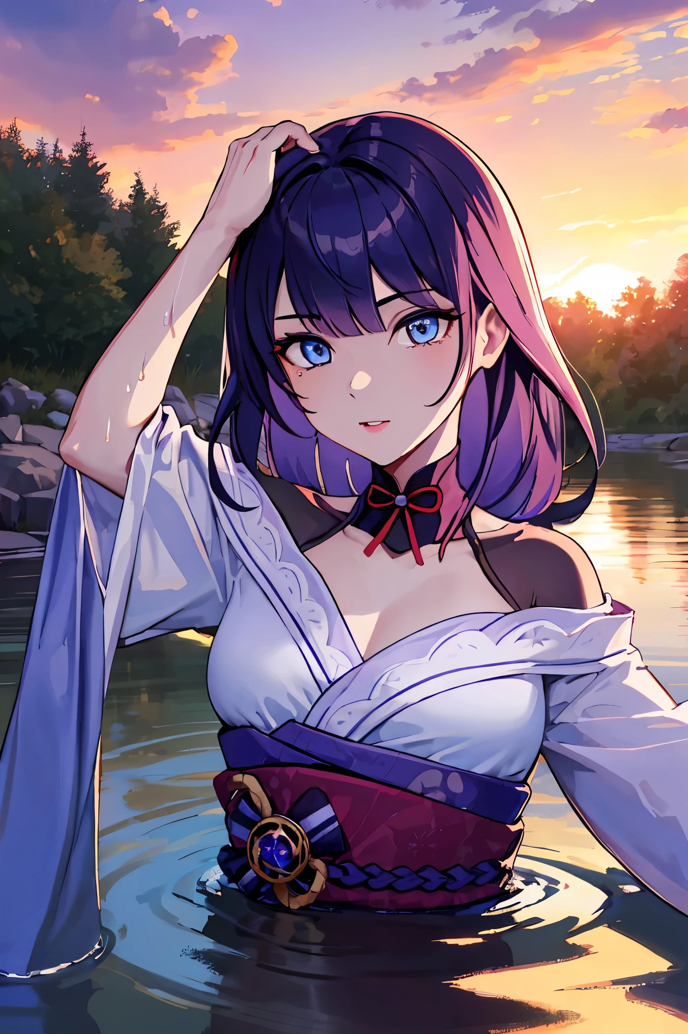 deep skin,textured skin,Raiden_shogun, long hair, purple hair, 
BREAK  A girl wearing a white dress is bathing in the river, getting wet, having fun, no make-up, rural scenery, sunset, armpits,arm up,
BREAK (masterpiece:1.2), best quality, high resolution, unity 8k wallpaper, (illustration:0.8), (beautiful detailed eyes:1.6), extremely detailed face, perfect lighting, extremely detailed CG, (perfect hands, perfect anatomy),