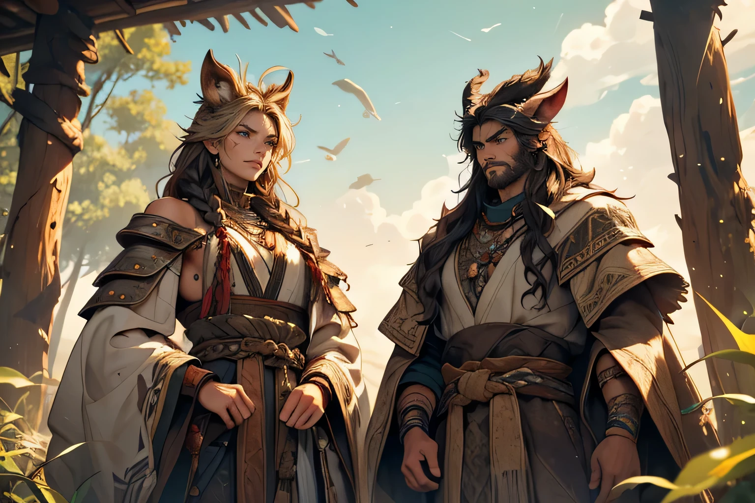 
The Beastmen of the Wildrun Plains are a rugged and hardy folk, their appearance reflecting their close affinity with the untamed wilderness that surrounds them. Standing tall and sturdy, with muscular frames honed by a life spent traversing the vast grasslands, they possess a primal grace that is both awe-inspiring and formidable.

Their features are rugged and weather-beaten, with sharp cheekbones and prominent brow ridges giving them a distinctly animalistic appearance. Their skin, weathered and bronzed by the harsh sun and biting winds of the plains, bears the scars of countless battles and encounters with the untamed creatures of the wilderness.

Long, flowing locks of hair cascade down their backs in a wild tangle of curls and braids, adorned with feathers, beads, and other natural embellishments. Their eyes, keen and alert, gleam with an innate intelligence and a fierce determination born of generations of survival in the unforgiving wilderness.

Clad in garments crafted from the hides of the creatures they hunt and the fibers of the grasslands, the Beastmen blend seamlessly with their surroundings, their attire adorned with intricate patterns and tribal markings that tell the stories of their people and their connection to the land.

Armed with bows, spears, and other primitive weapons fashioned from bone, wood, and stone, the Beastmen are formidable hunters and warriors, their skill and prowess unmatched in the wilds of the plains. Yet beneath their fearsome exterior lies a deep reverence for the natural world and a profound respect for the balance of life that sustains them in this harsh and unforgiving land.