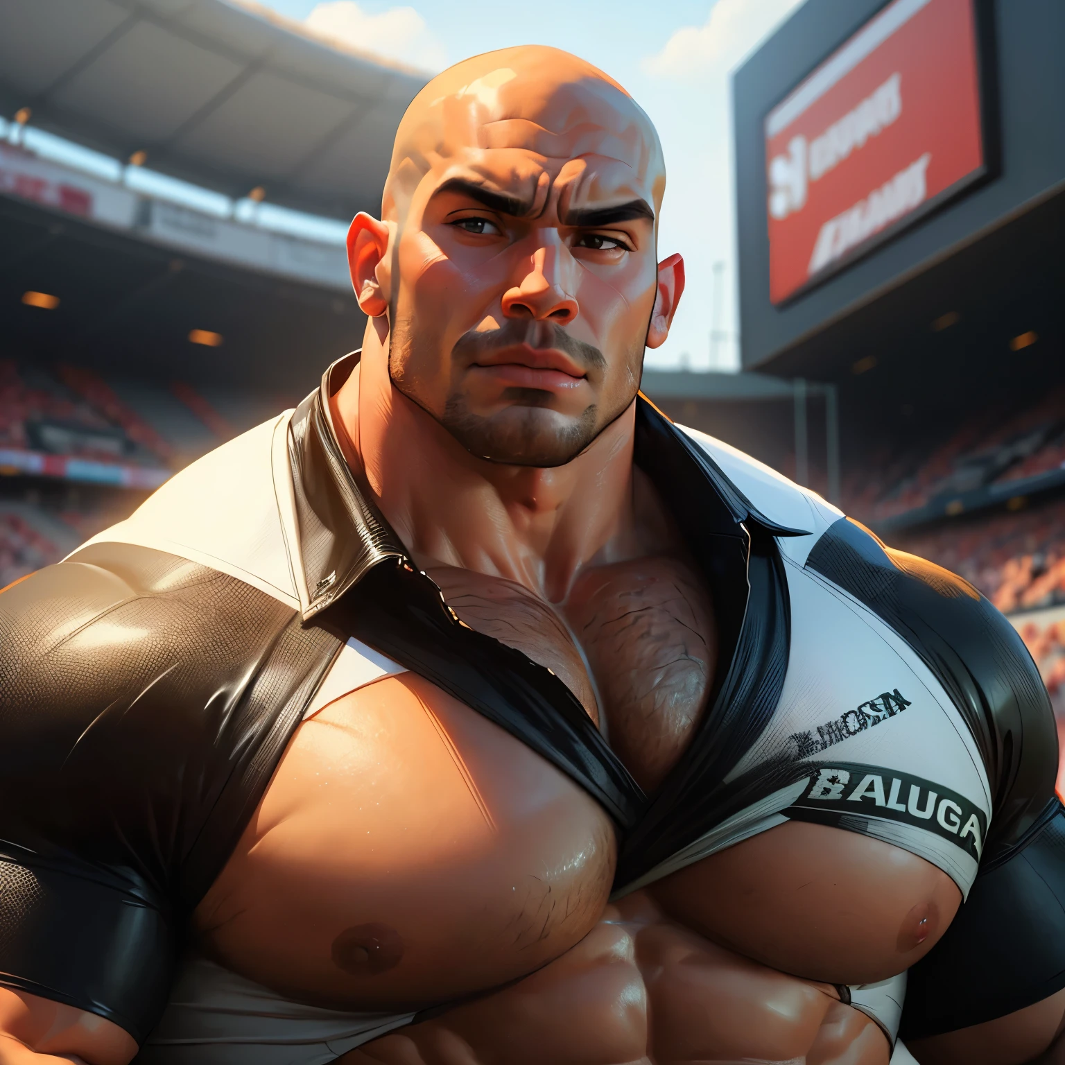 an exaggeratedly muscular and large bald bodyguard, beefy build, mixed race, (wearing rugby shirt: 1.2), (bara pecs: 1.3), (arm and chest hair: 1.1), close-up portrait HD, outdoor sports stadium