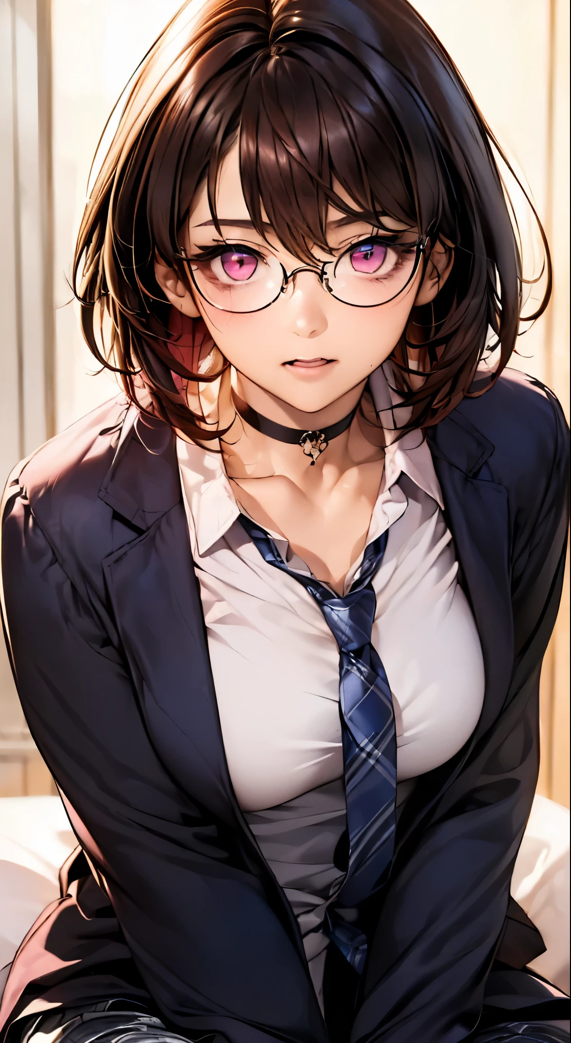 (masterpiece:1.2, highest quality), (realistic, photorealistic:1.4), beautiful illustrations,
looking at the viewer, whole body, Front view:0.6,
1 female, Japanese, high school girl, ((medium hair:1.5, light brown hair)), blown hair, bangs, hair between eyes, big breasts:0.8,
beautiful hair, beautiful face, beautiful and detailed eyes, beautiful clavicle, (Chubby body type:1.5), beautiful breasts, beautiful thighs, beautiful feet, beautiful fingers, (Dressed on all fours)
(in a luxury hotel room) ,
((white shirt , gray check jacket and pants)), (blue plaid tie, round glasses, choker), (put your hand on your chest, hand between legs), blush, (shining pink eyes:1.6)