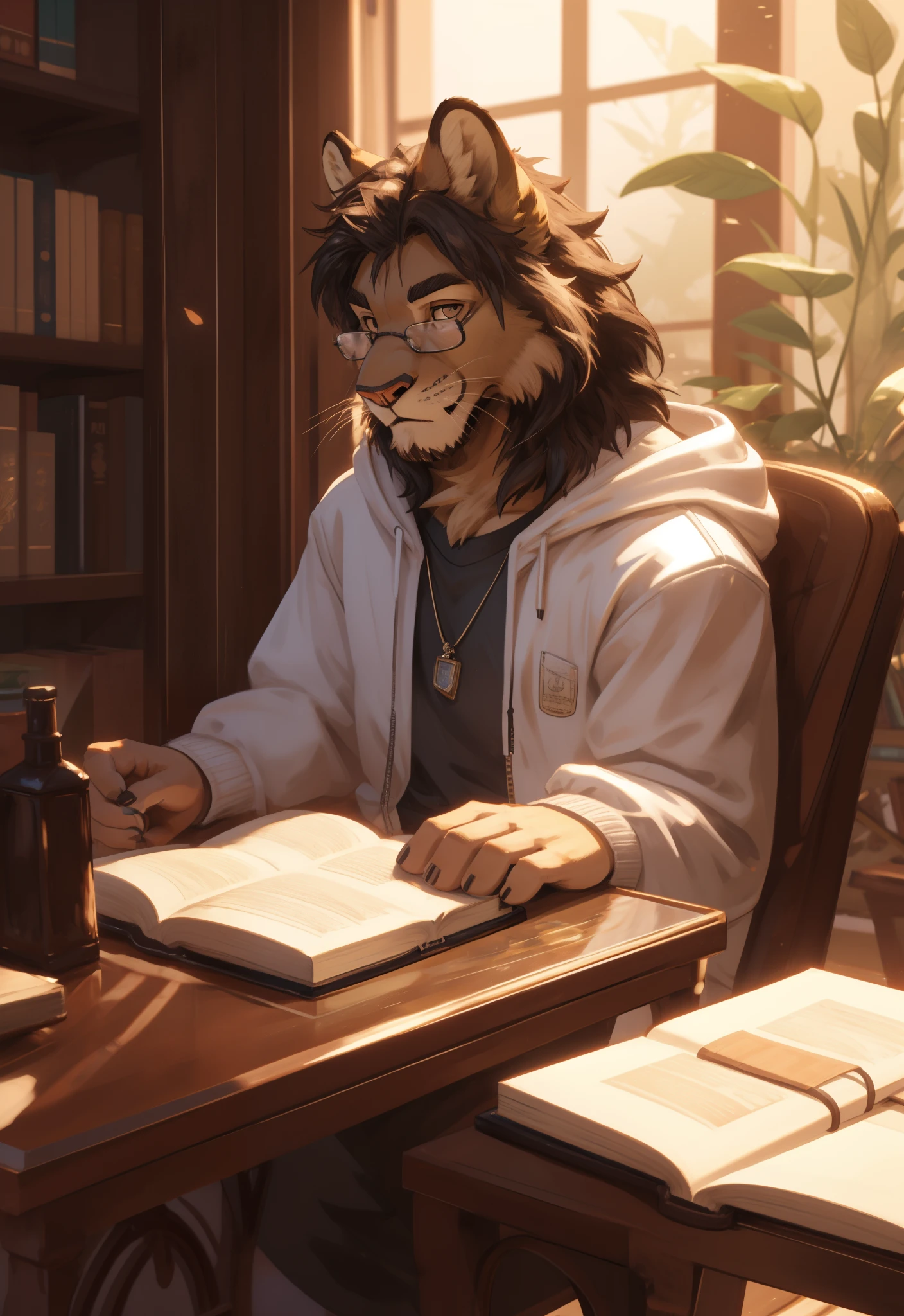A young Lion with a hoodie and glasses, study book, immersed in a book at a cozy library, hoodie sweater, SFW, anthropomorphic, extra detailed body, detailed body, Best quality, masterpiece, ultra high res,detailed background,realistic, real shadow and light,depth of field, (view from beside), details skin, fluffy, Lion, .