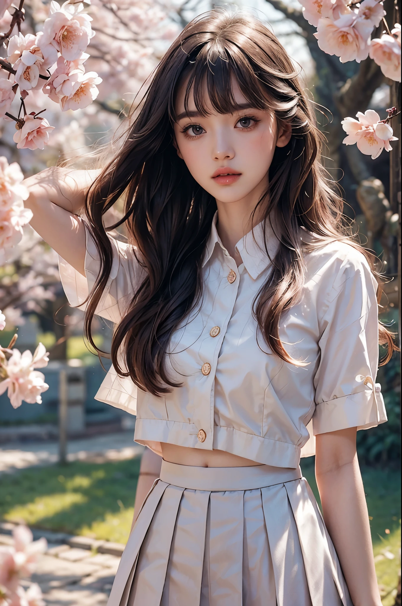 one pretty girl, solo, supermodel, pale skin, long wavy hair, blunt bangs, make up, parted lips, big , school uniform, white shirt, pleated skirt, looking at viewer, a blooming cherry blossom grove, with delicate pink petals floating in the breeze, soft lighting, film grain, upper body, epiCPhoto,