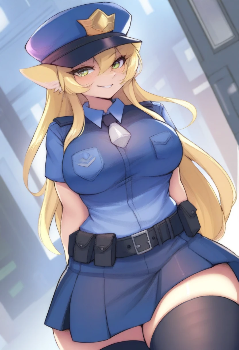 (masterpiece, best quality:1.2), police woman in detailed (skirt police uniforms), covered chest completely, blonde, giga_busty