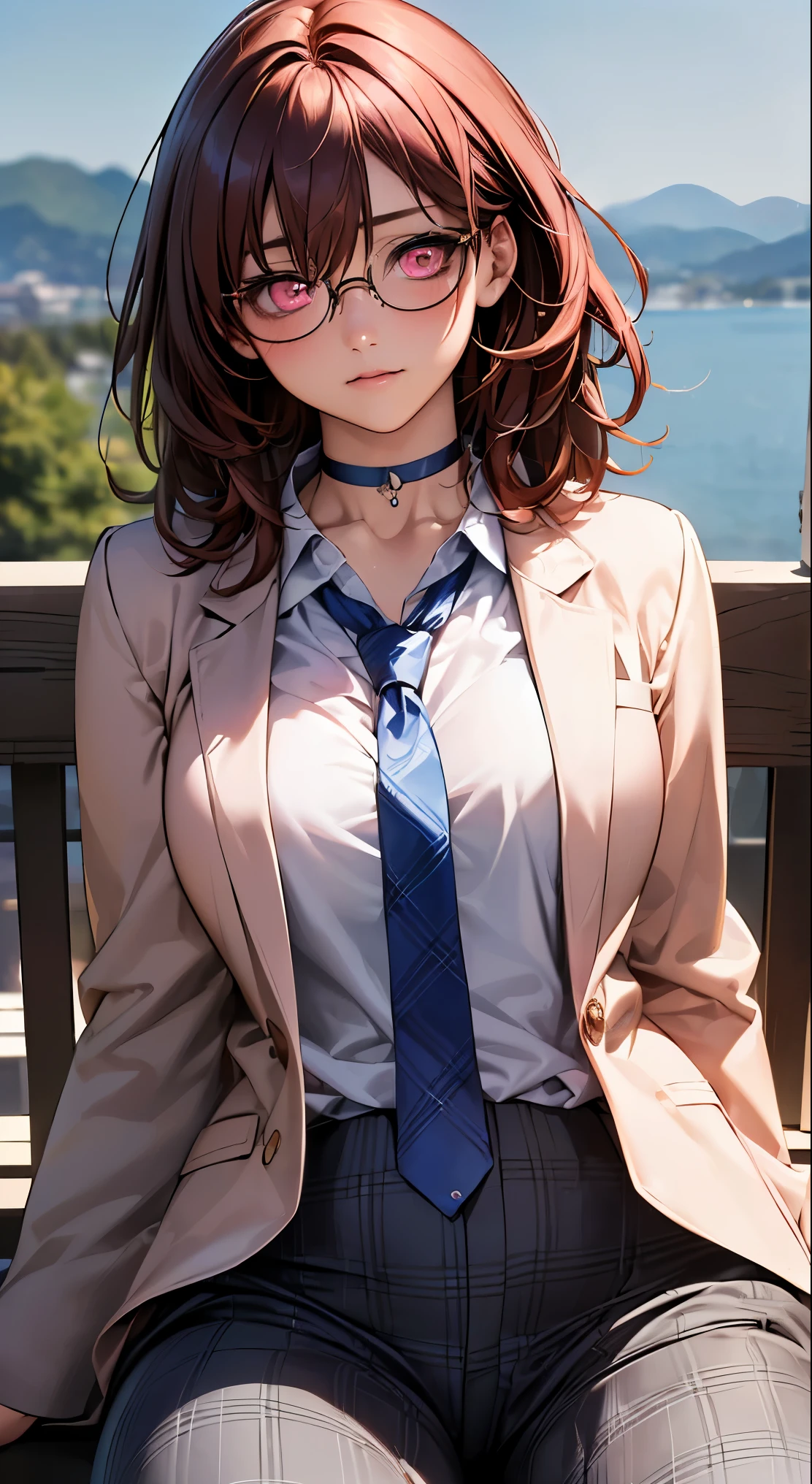 (masterpiece:1.2, highest quality), (realistic, photorealistic:1.4), beautiful illustrations,
looking at the viewer, whole body, Front view:0.6,
1 female, Japanese, high School girl, ((medium hair:1.5)), blown hair, bangs, hair between eyes, big breasts:0.8,
beautiful hair, beautiful face, (Pink eyes:1.6), beautiful and detailed eyes, beautiful clavicle, (Chubby body type:1.5), beautiful breasts, beautiful thighs, beautiful feet, beautiful fingers,
(beautiful scenery), , School,
((white shirt , Gray checked jacket and pants, (blue plaid tie, round glasses), choker)), (put your hand on your chest, hand between legs), blush