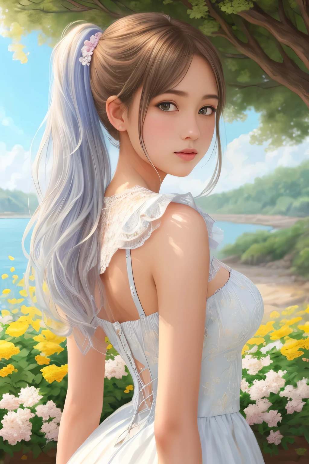 This is a super fine illustration that can be described as a masterpiece due to its best quality and beautiful detailed eyes. The illustration features 1 girl with finely detailed features and a depth of field that adds a sense of realism to the image. It is perfect for a 4k wallpaper, showcasing a stunning blue sky with cumulus clouds and a gentle wind blowing through the insanely detailed frills and extremely detailed lace of the girl's outfit. Her hair is very long and styled in a high ponytail, with a touch of silver color. She has small breasts and a slender waist, giving her a delicate and elegant appearance. The scene is further enhanced by the presence of scattered luminous petals and light yellow flowers, which create a depth of field effect