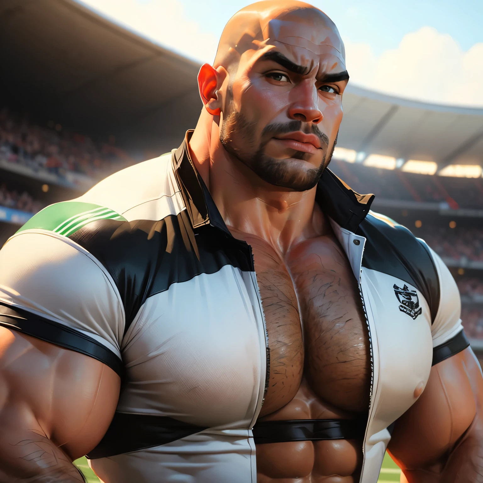 an exaggeratedly muscular and large bald bodyguard, beefy build, mixed race, (wearing rugby shirt: 1.2), (bara pecs: 1.3), (arm and chest hair: 1.1), close-up portrait HD, outdoor sports stadium