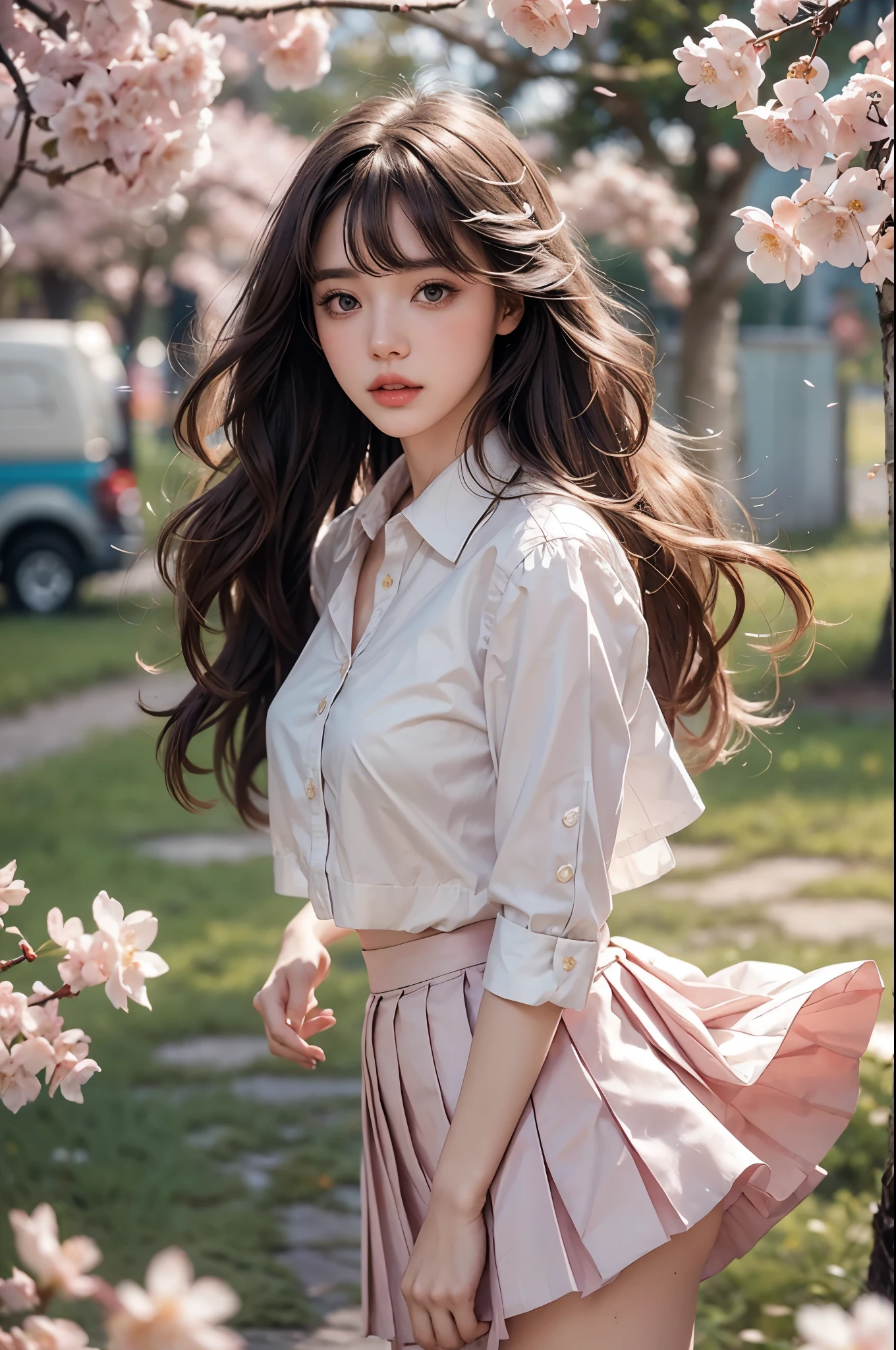 one pretty girl, solo, supermodel, pale skin, long wavy hair, blunt bangs, make up, parted lips, big , school uniform, white shirt, pleated skirt, looking at viewer, a blooming cherry blossom grove, with delicate pink petals floating in the breeze, soft lighting, film grain, upper body, epiCPhoto,