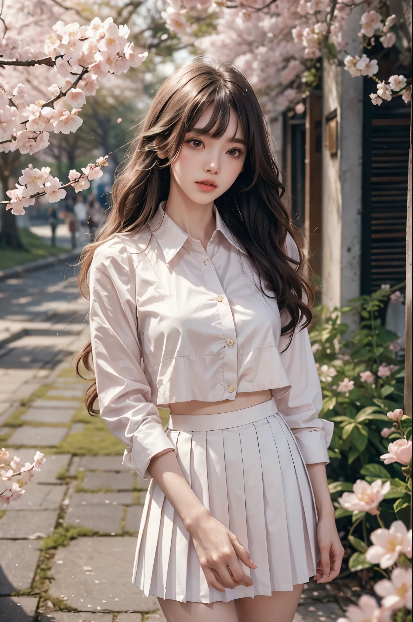one pretty girl, solo, supermodel, pale skin, long wavy hair, blunt bangs, make up, parted lips, big , school uniform, white shirt, pleated skirt, looking at viewer, a blooming cherry blossom grove, with delicate pink petals floating in the breeze, soft lighting, film grain, upper body, epiCPhoto,