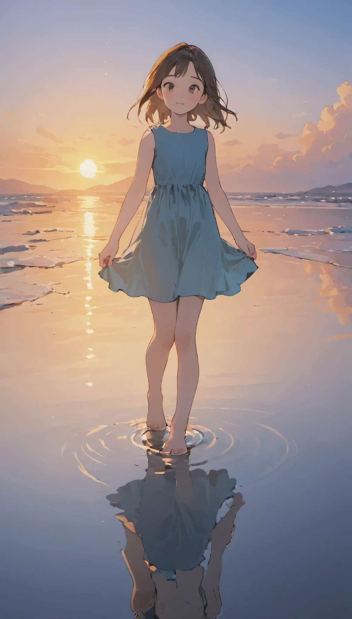 masterpiece, highest quality, movie stills, 1 girl, Sky reflected on the sea surface、mirror-like water surface、Reflective water surface、I can see the ankle、Barefoot、Sunset、beautiful sky, close, bright, Happy, warm and soft lighting, sunset, (spark:0.7)