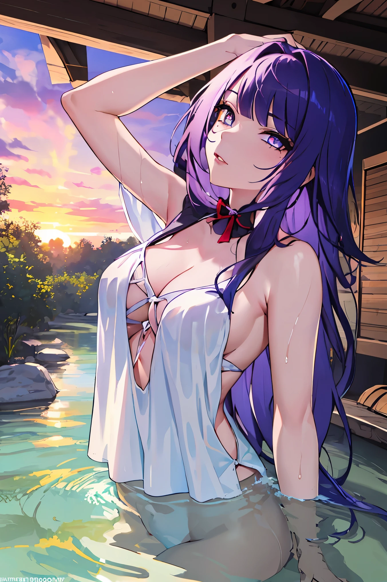 deep skin,textured skin,Raiden_shogun, long hair, purple hair, 
BREAK  A girl wearing a white dress is bathing in the river, getting wet, having fun, no make-up, rural scenery, sunset, armpits,arm up,
BREAK (masterpiece:1.2), best quality, high resolution, unity 8k wallpaper, (illustration:0.8), (beautiful detailed eyes:1.6), extremely detailed face, perfect lighting, extremely detailed CG, (perfect hands, perfect anatomy),