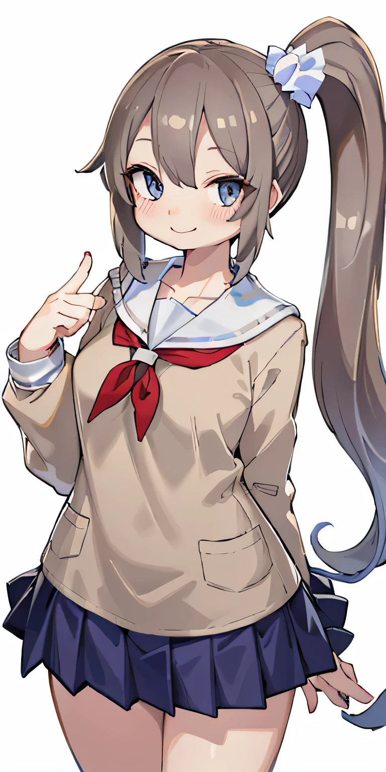 1 person,20-year-old, (detailed shiny skin:1.1), girl 1 person, diaphragm.background through,white background、cowboy shot, (smile:1.5), beautiful hair, beautiful face, detailed and beautiful eyes, (long hair:1.4, side ponytail:1.7), light brown hair, (big breasts:0.7), beautiful clavicle, beautiful body, beautiful breasts, beautiful and detailed fingers, five fingers,((School_uniform)),(private server), (8K, highest quality, masterpiece:1.2, very detailed), (realistic), beautiful illustrations, cinematic lighting
