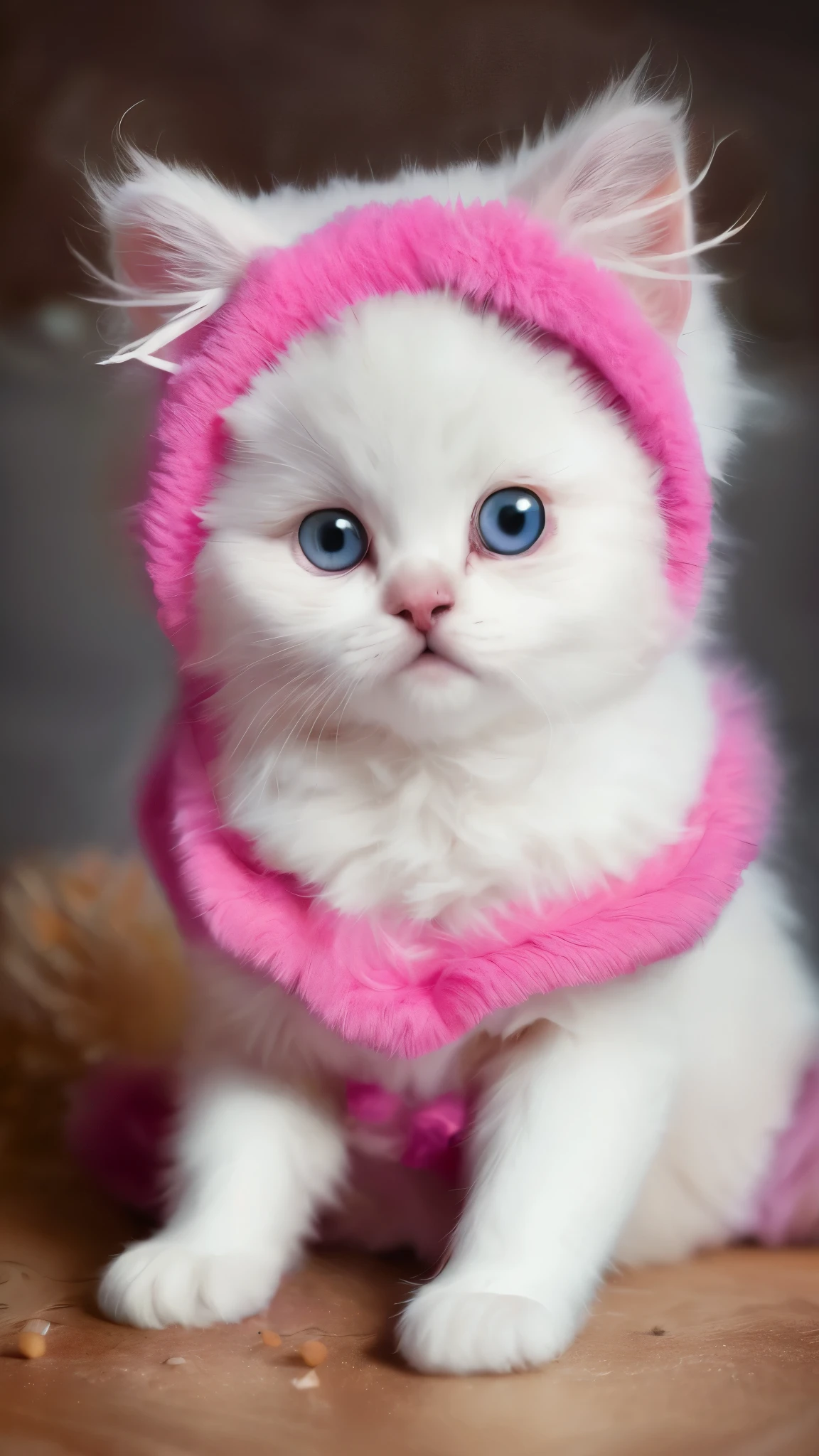 Fluffy cute baby white kitten dressed in pink outfits accessorized like a barbie cat. 8K masterpiece RAW