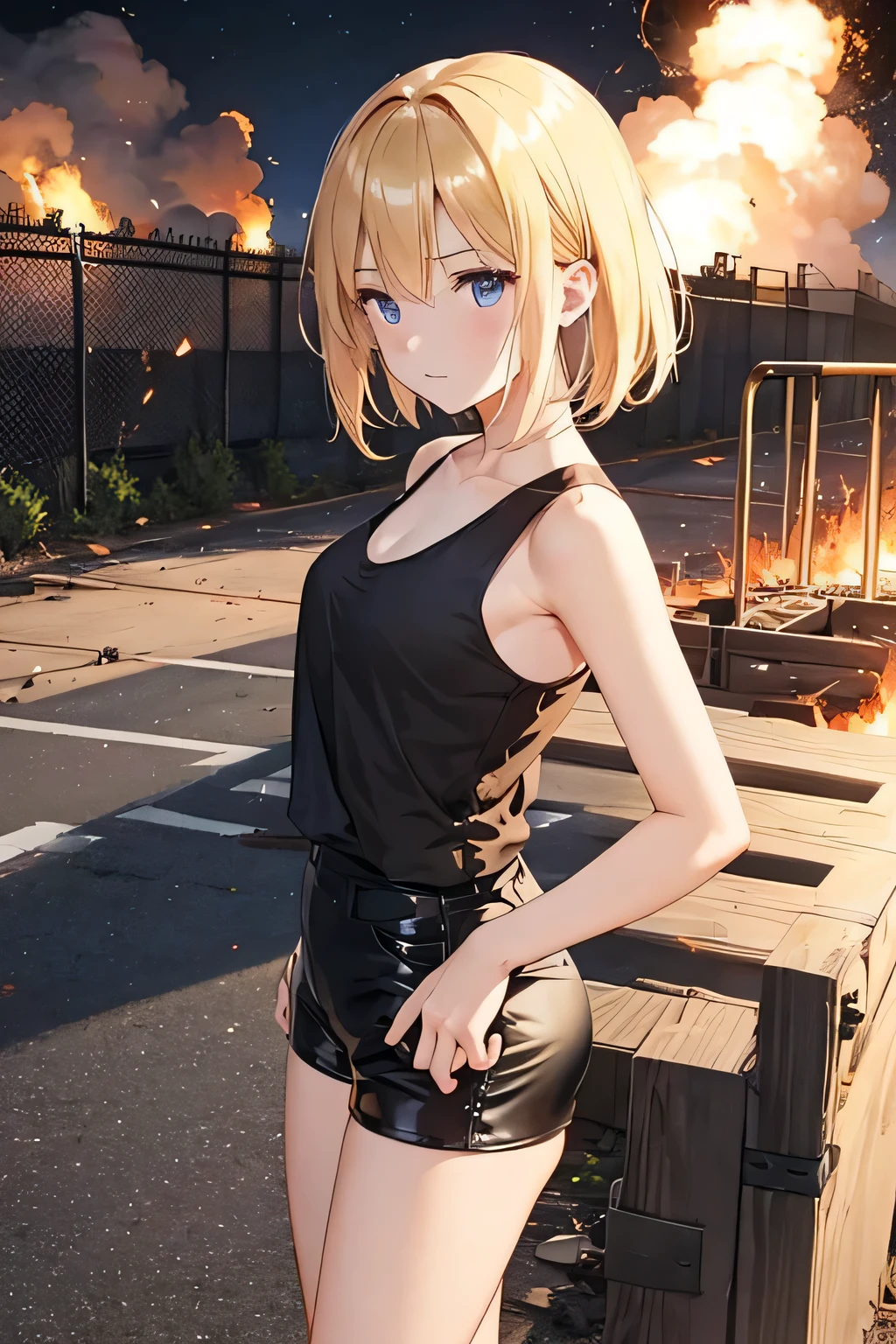 in the middle of the night、Explosion and flames at air base、fence、Building explosion、Turn around and show your butt、cute blonde girl、cute face、Elegant and sleek smooth body、Full body Esbian、short bob hair、blonde、blue eyes、black tank top、sexy black shorts、wearing black shorts、have a handgun