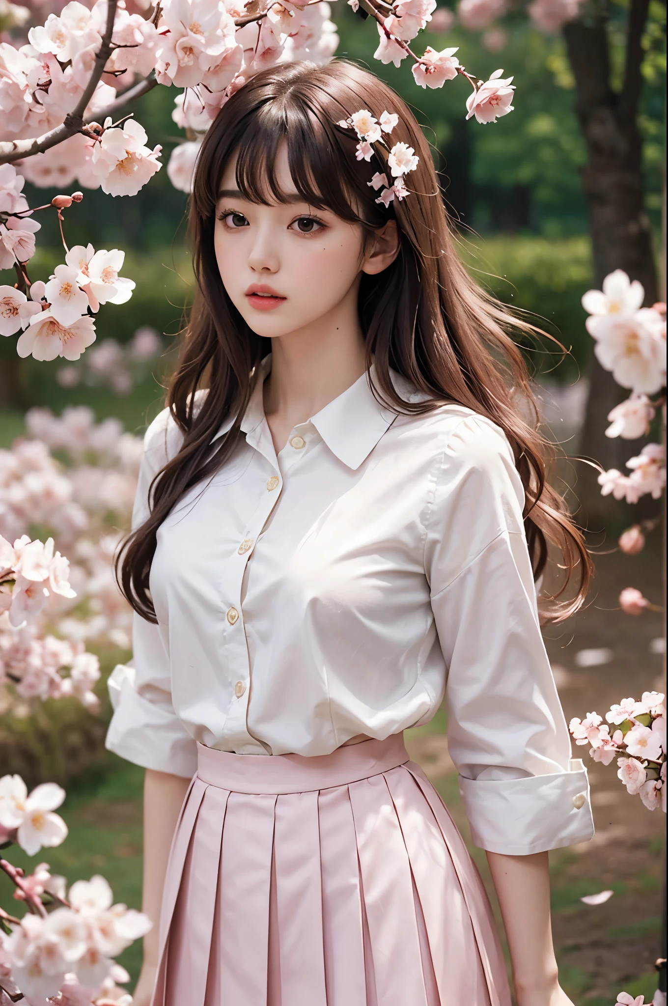 one pretty girl, solo, supermodel, pale skin, long wavy hair, blunt bangs, make up, parted lips, big , school uniform, white shirt, pleated skirt, looking at viewer, a blooming cherry blossom grove, with delicate pink petals floating in the breeze, soft lighting, film grain, upper body, epiCPhoto, 