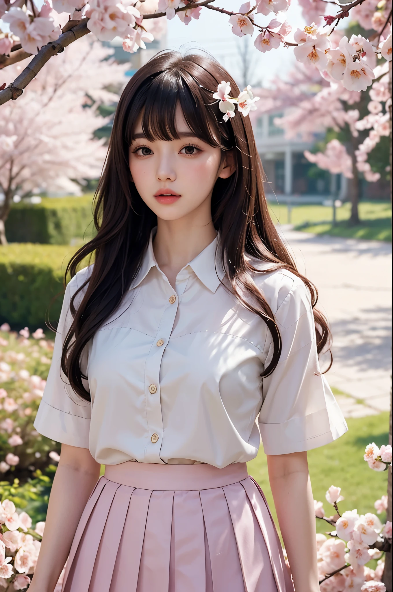 one pretty girl, solo, supermodel, pale skin, long wavy hair, blunt bangs, make up, parted lips, big , school uniform, white shirt, pleated skirt, looking at viewer, a blooming cherry blossom grove, with delicate pink petals floating in the breeze, soft lighting, film grain, upper body, epiCPhoto,