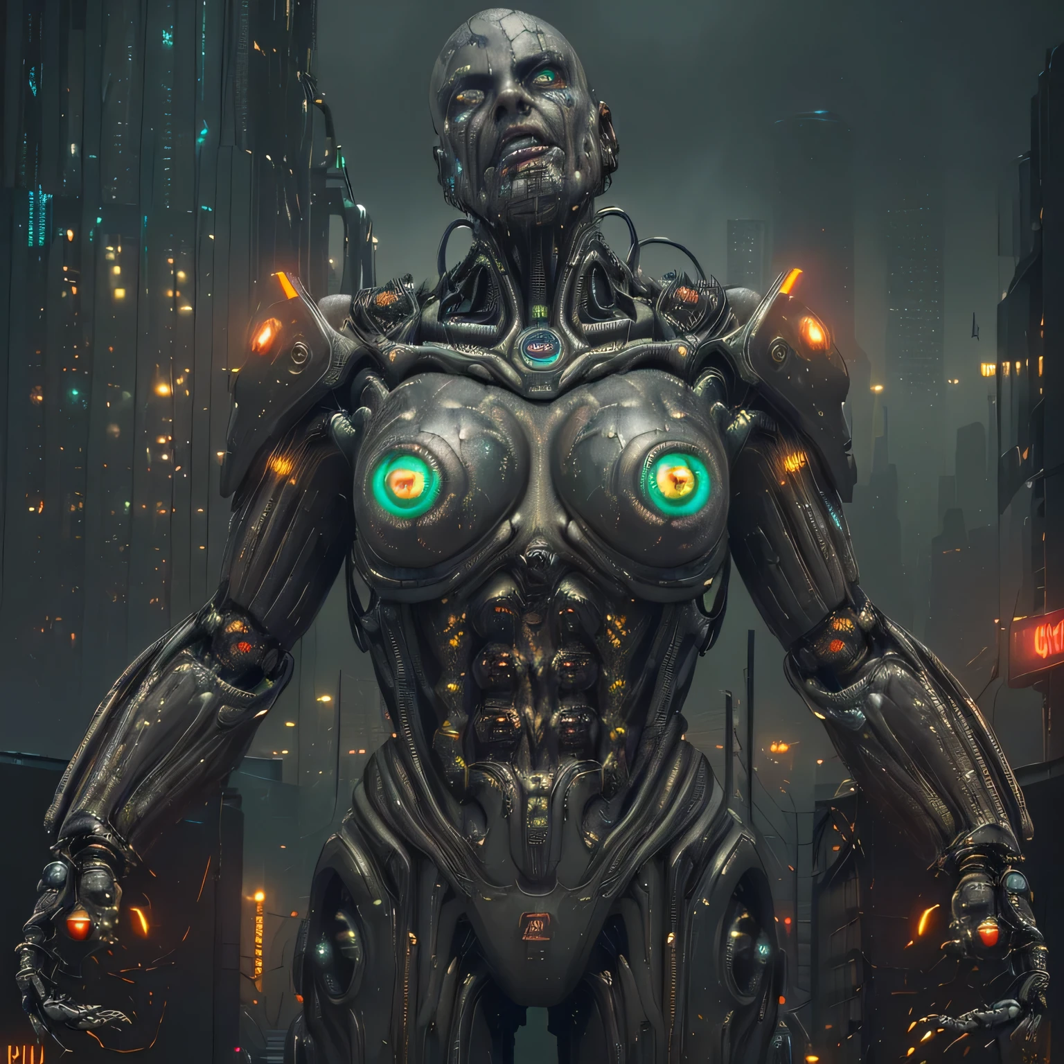 (best quality,highres,masterpiece:1.2),ultra-detailed,(realistic:1.37),mutant robot,metallic texture,glowing eyes,dystopian cityscape,mechanical limbs,gritty atmosphere,gears and wires,intense action,apocalyptic scenario,cyberpunk style,dark color palette,dim lighting,city lights,powerful stance,mechanical enhancements,post-apocalyptic world,double exposure effect,mysterious aura,futuristic technology,neon signs,dangerous energy,chaotic environment.