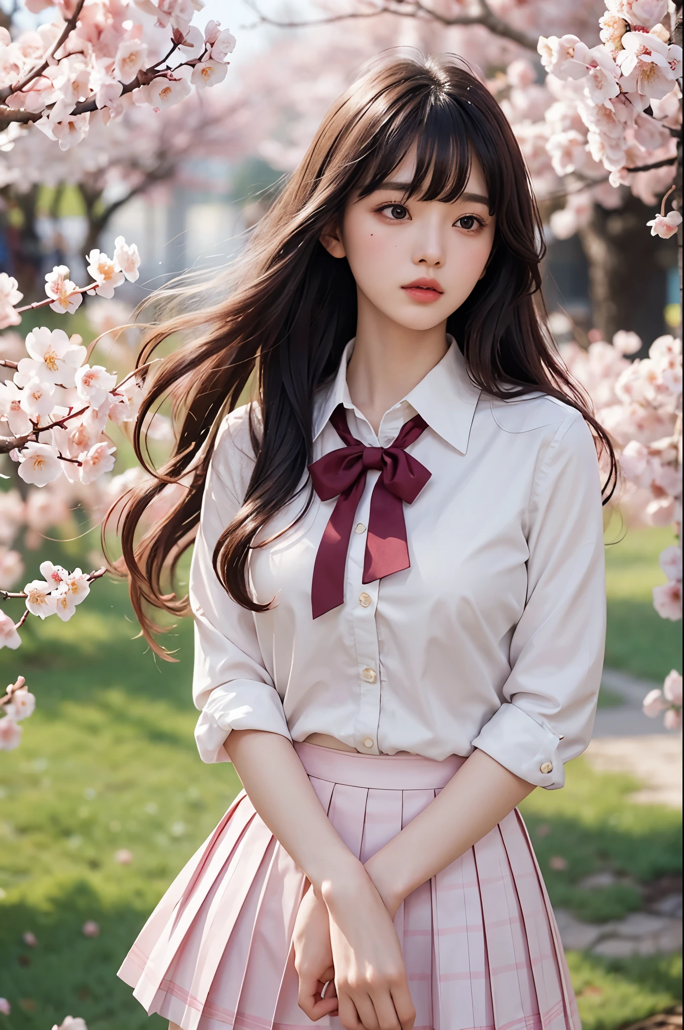 one pretty girl, solo, supermodel, pale skin, long wavy hair, blunt bangs, make up, parted lips, big , school uniform, white shirt, pleated skirt, looking at viewer, a blooming cherry blossom grove, with delicate pink petals floating in the breeze, soft lighting, film grain, upper body, epiCPhoto,